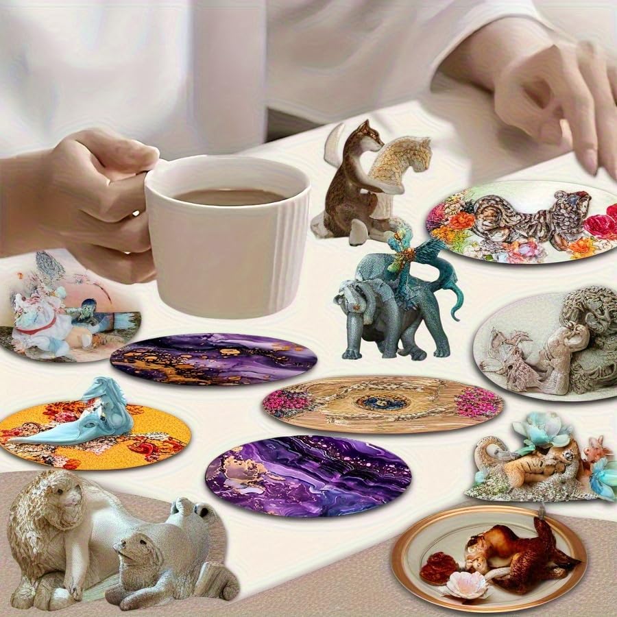 Image of 6pcs Coaster Set, Purple Pattern, Size 3.94 * 3.94- Heat Resistant, Suitable Holiday Parties, Coffee Shops, Bookstores, Kitchen Decoration, and Daily Home Decor