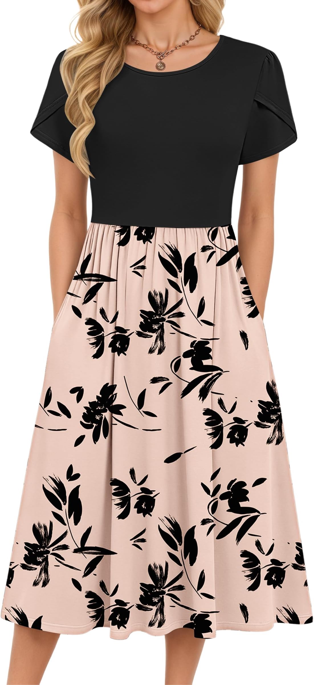 – Summer Dresses for Women UK Round Neck Short Sleeve Elegant Tunic Dress Classic Midi Dress with Pockets