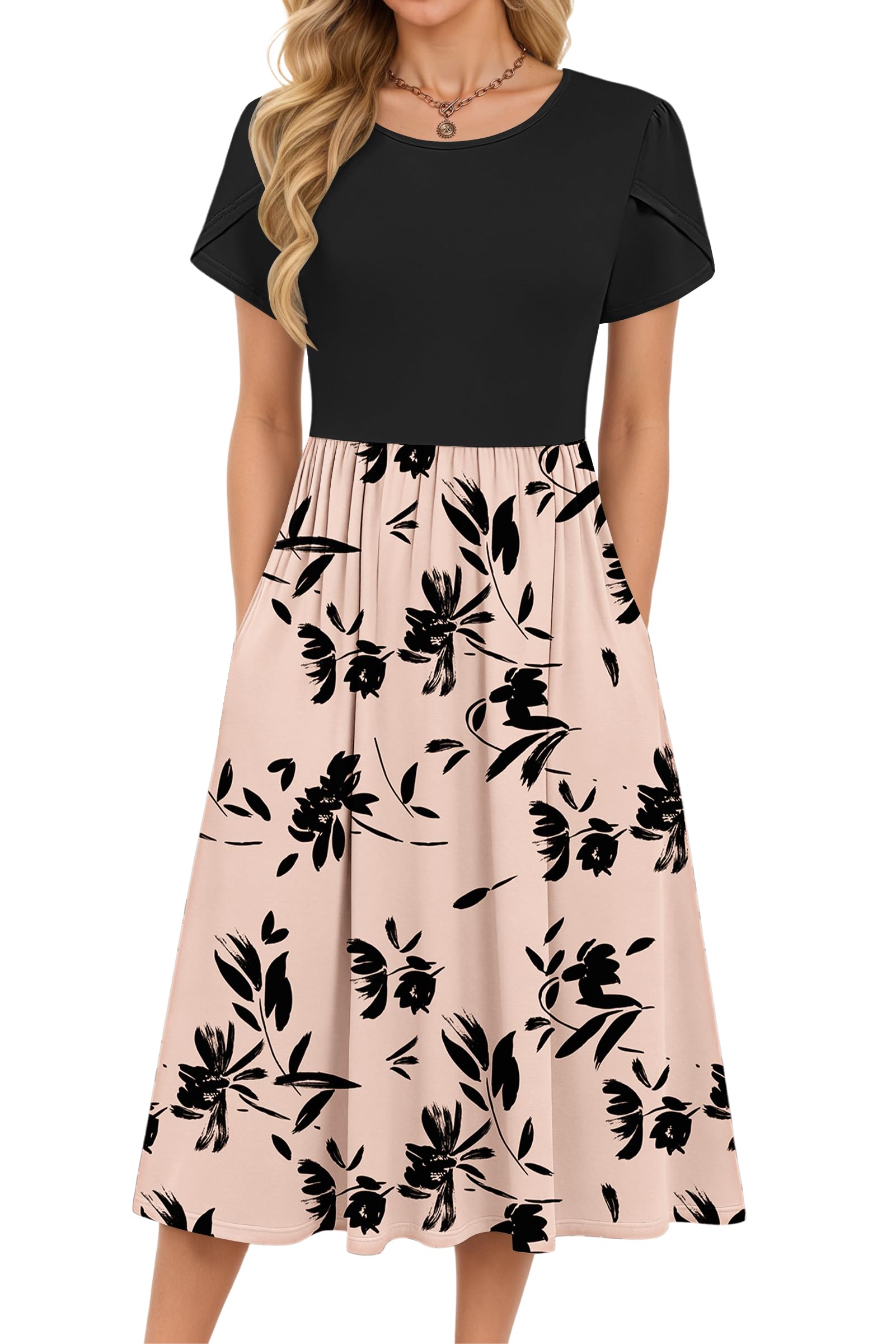 MOLERANI Damen Sommerkleider - Kurzarm Rundhals Midikleid Knielang Freizeitkleider Lose A-Linie Kleider mit Tasche