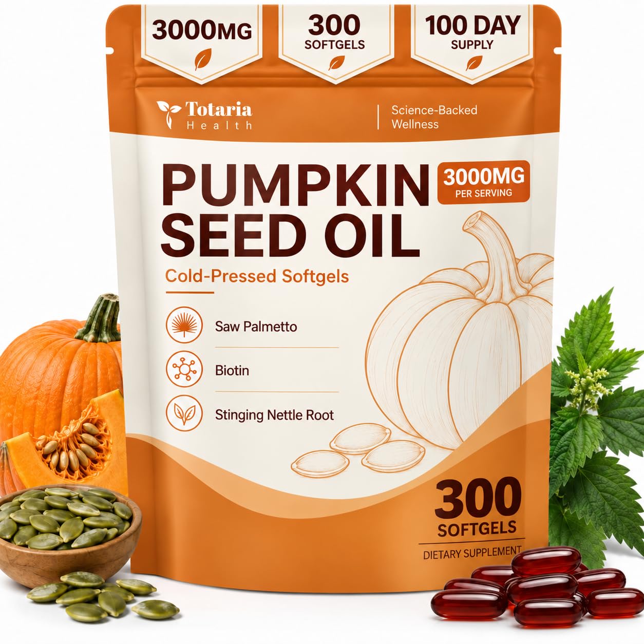 Pumpkin Seed Oil with Saw Palmetto Capsules for Men & Women – Biotin Stinging Nettle Root Zinc – DHT Blocker & Hair Growth Support – Cold Pressed,Essential Fatty Acids & Phytosterols – 300 Softgels