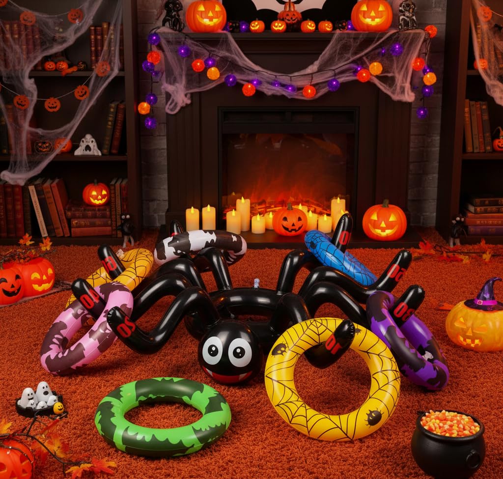 Inflatable Spider Hat Ring Toss Game Set - 8 Ring Halloween Party Toys for Kids & Adults, Family Halloween Fun Game Toys Indoor Outdoor - Image 3