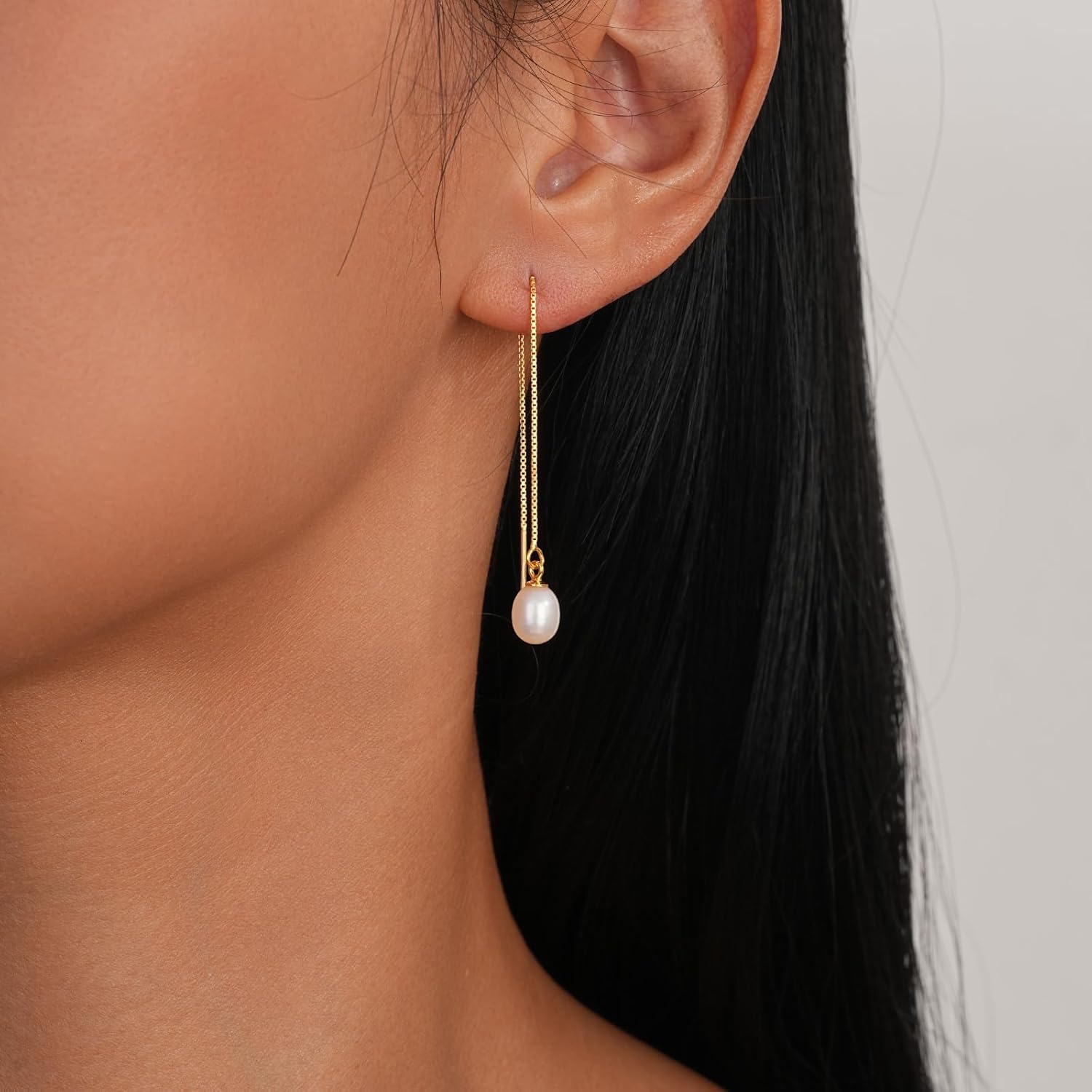 JaruJaru Vermeil Chain Freshwater Pearl Earrings for Women, Gold Threader Earrings, Gold plated on S925 Sterling Silver, Hypoallergenic Thread Through Dangle Earrings