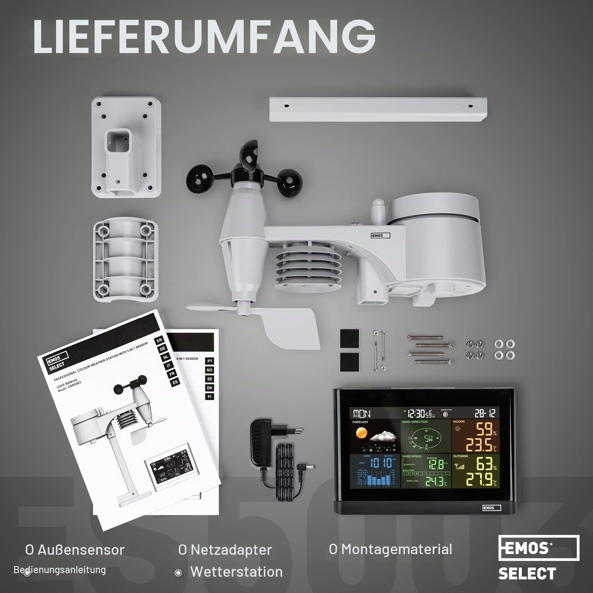 EMOS Wetterstation mit Windmesser und Regenmesser- System mit Farbdisplay, zur Wettervorhersage, für drinnen & draußen, Datum, Temperatur, Luftfeuchtigkeit, Luftdruck - 12-24 Stunden Vorhersage