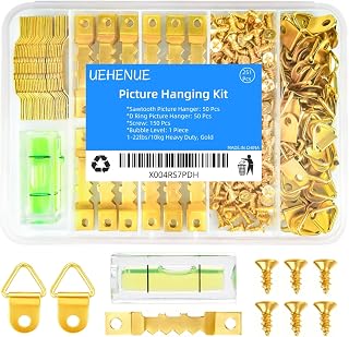 251Pcs Picture Hanging Kit, Include 50 Sawtooth Picture Hangers, 50 D Rings, 150 Screws and Bubble Level, Heavy Duty Picture Frame Hanging Hardware for Wall Artworks Frame Canvas Mounting
