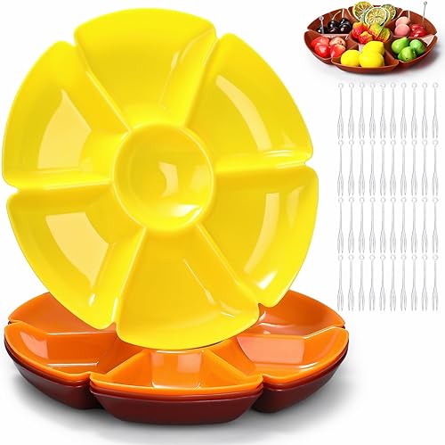 Miniatura 13 de Zhehao 4 bandejas seccionales redondas de plástico para servir, bandeja dividida para fiestas con tenedor desechable, 10.6 pulgadas, 7 secciones