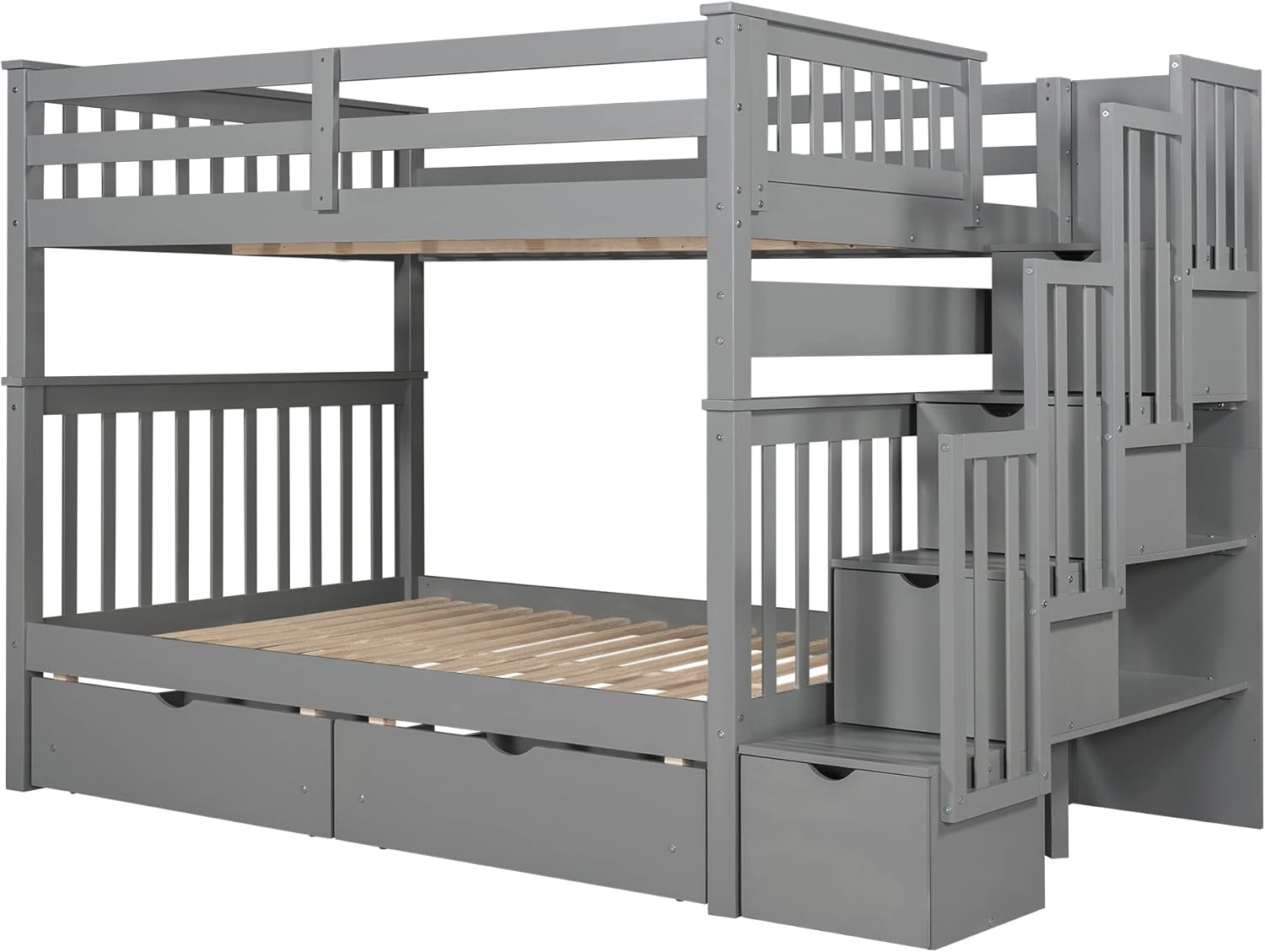 VOVEN Wooden Bed Frame,Full Over Full Bunk Bed with Shelves