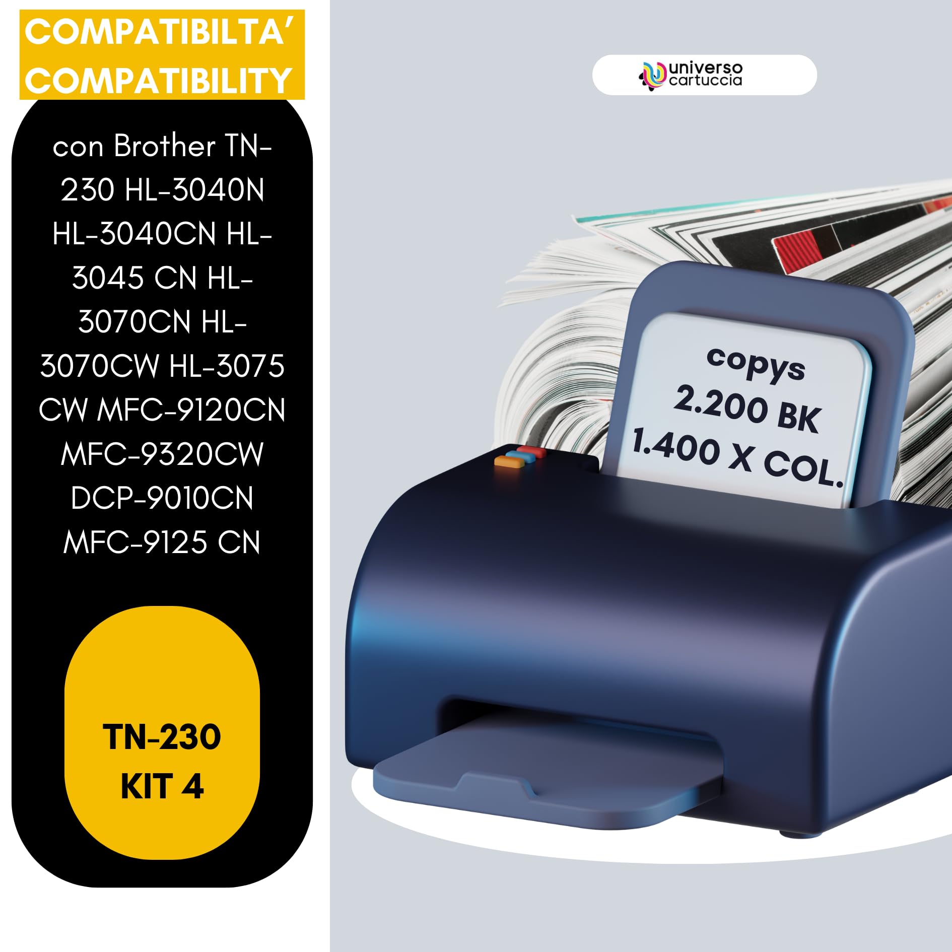 TN-230 Kit de toner 4 couleurs compatible avec BrotherTN-230 HL-3040N HL-3040CN HL-3045 CN HL-3070CN HL-3070CW HL-3075 CW MFC-9120CN MFC-9320CW DCP-9010CN MFC-9125 CN(TN230 KIT 4