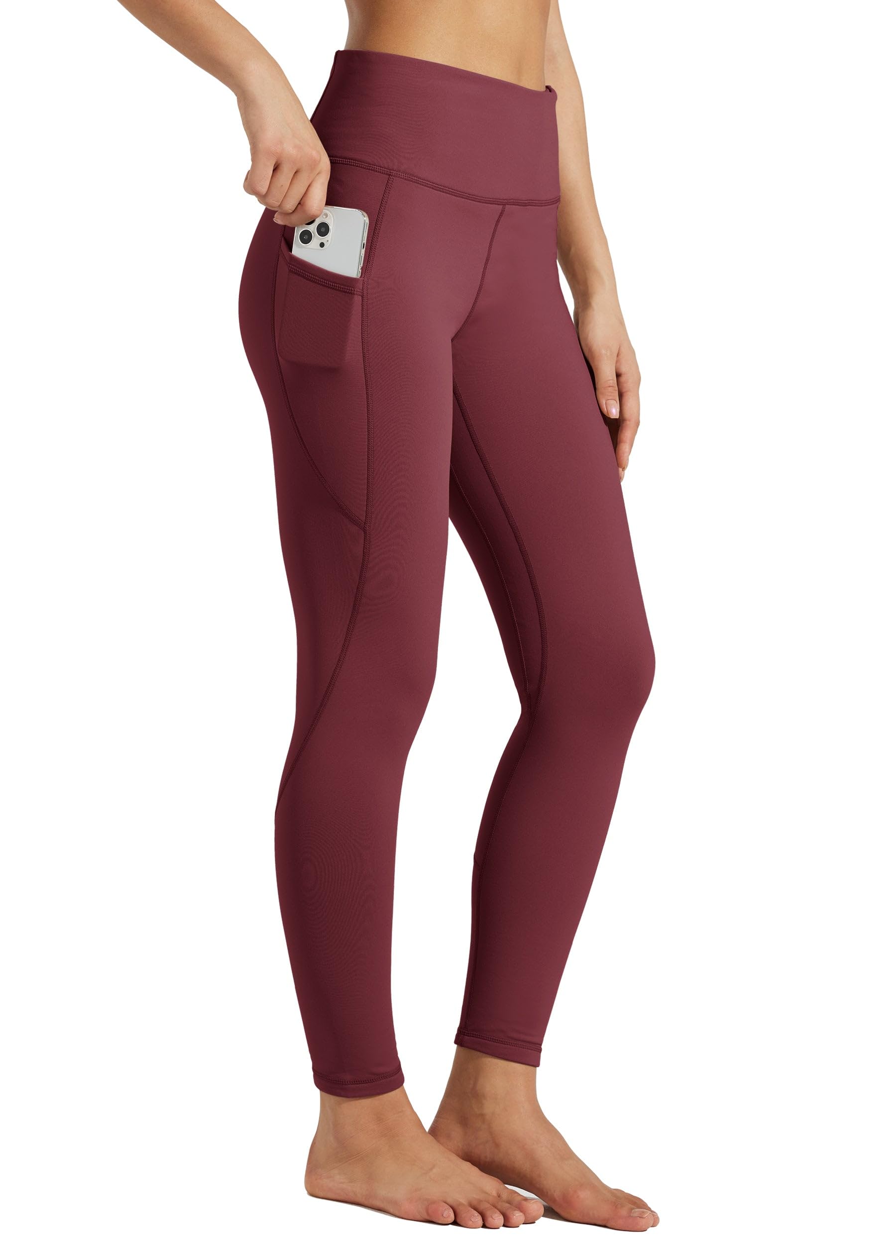 Willit Leggings de yoga pour femme avec doublure en polaire et doublure en polaire Taille haute avec poches Rouge vin Taille M