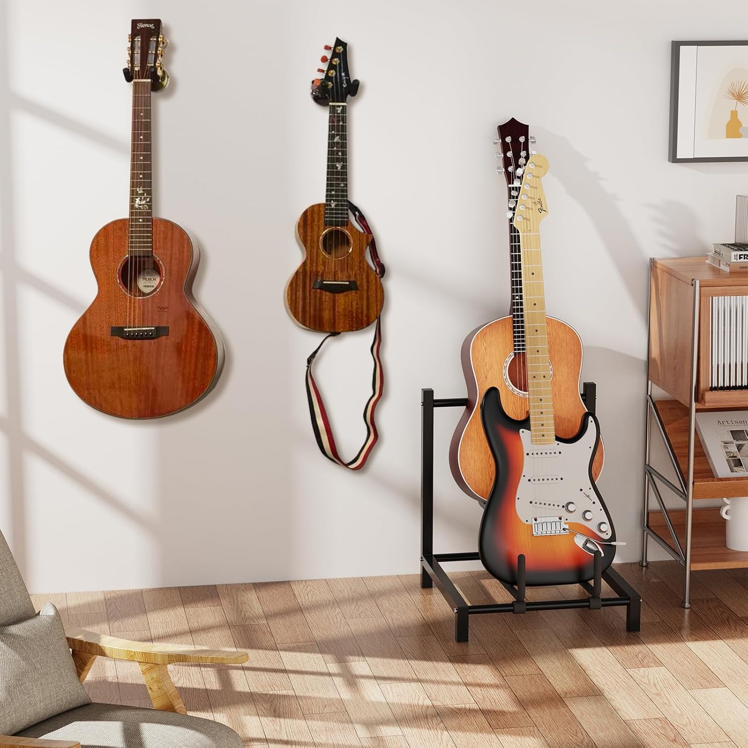 Guitar Wall Mount & Double Guitar Stand Floor Stand, for Acoustic-Guitar, Electric-Guitar, Banjo