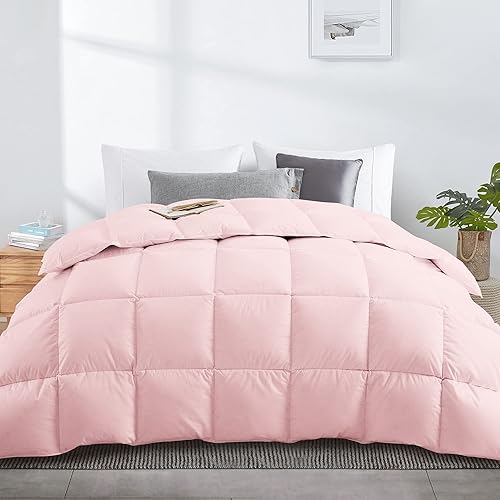 puredown® Goose Feather Comforter Oversized Queen Size, All Season Duvet Insert, Shell, Hotel Collection Feather Comforter Medium Warmth (Pink, 90x98)