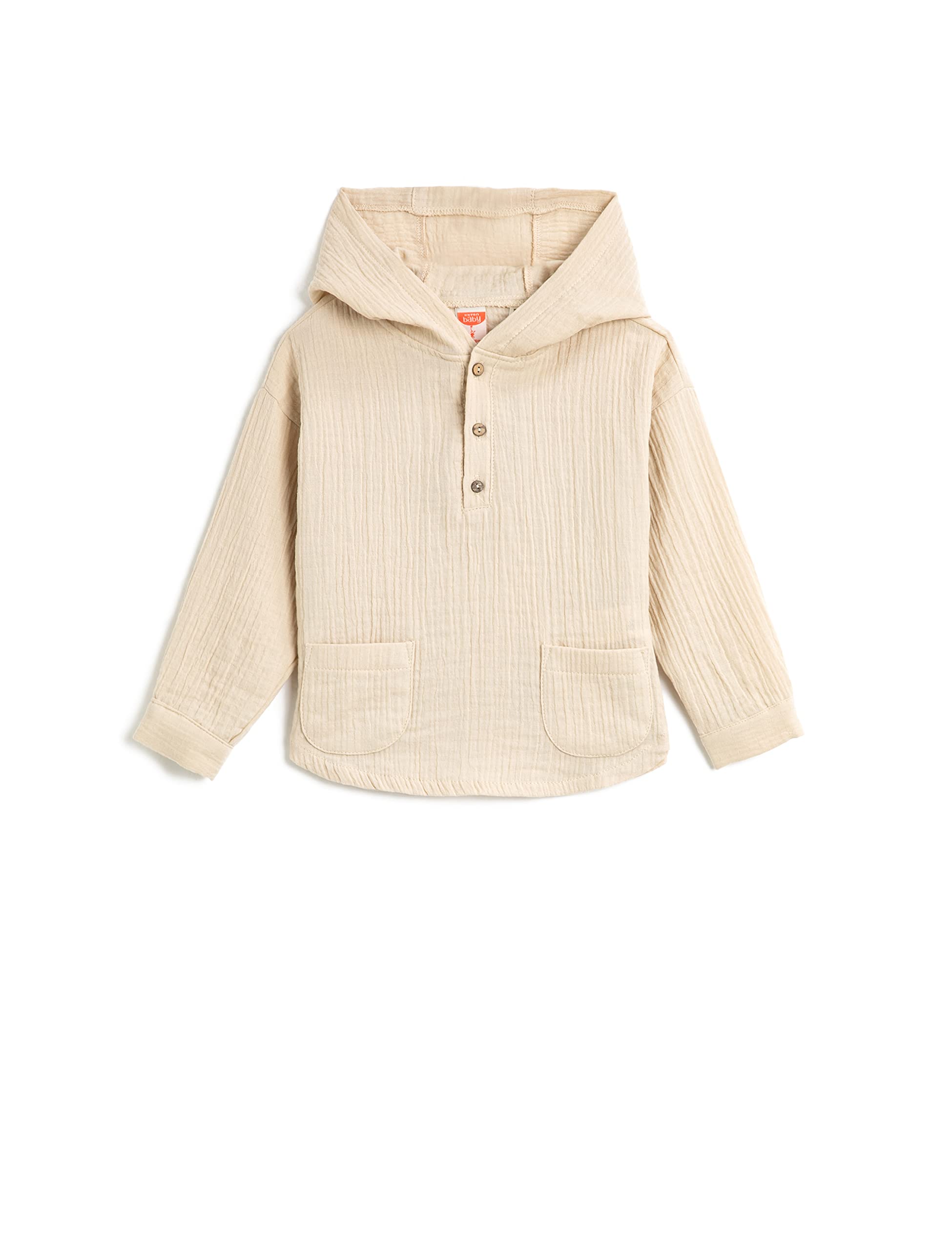 Müslin Sweatshirt Kapşonlu Uzun Kollu Düğmeli Cepli
