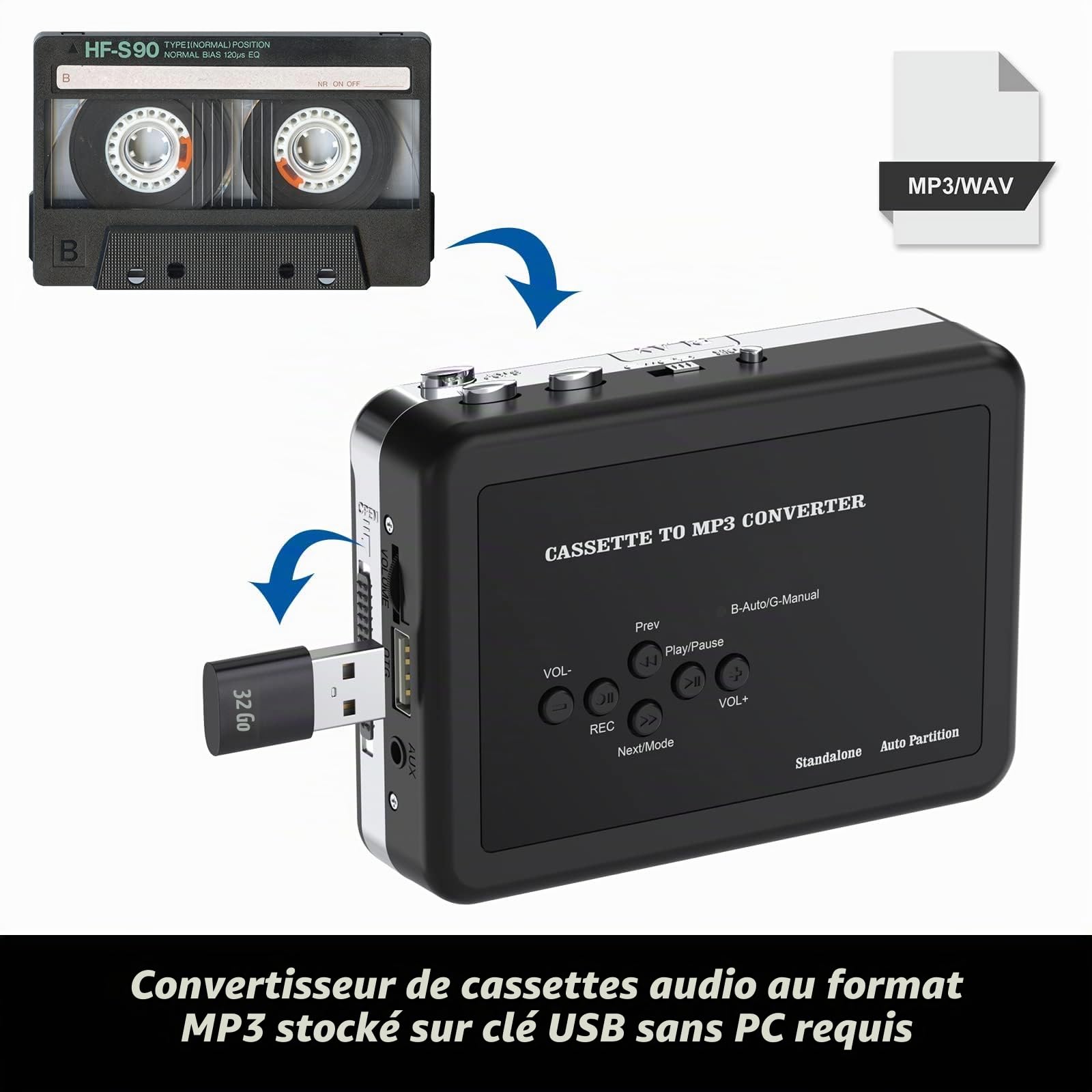 Rybozen Lecteur de Cassette, convertisseur de Cassette USB Portable vers MP3, Walkman Audio Music Tape vers Lecteur convertisseur numérique avec écouteurs, enregistrer dans Une clé USB, Aucun PC