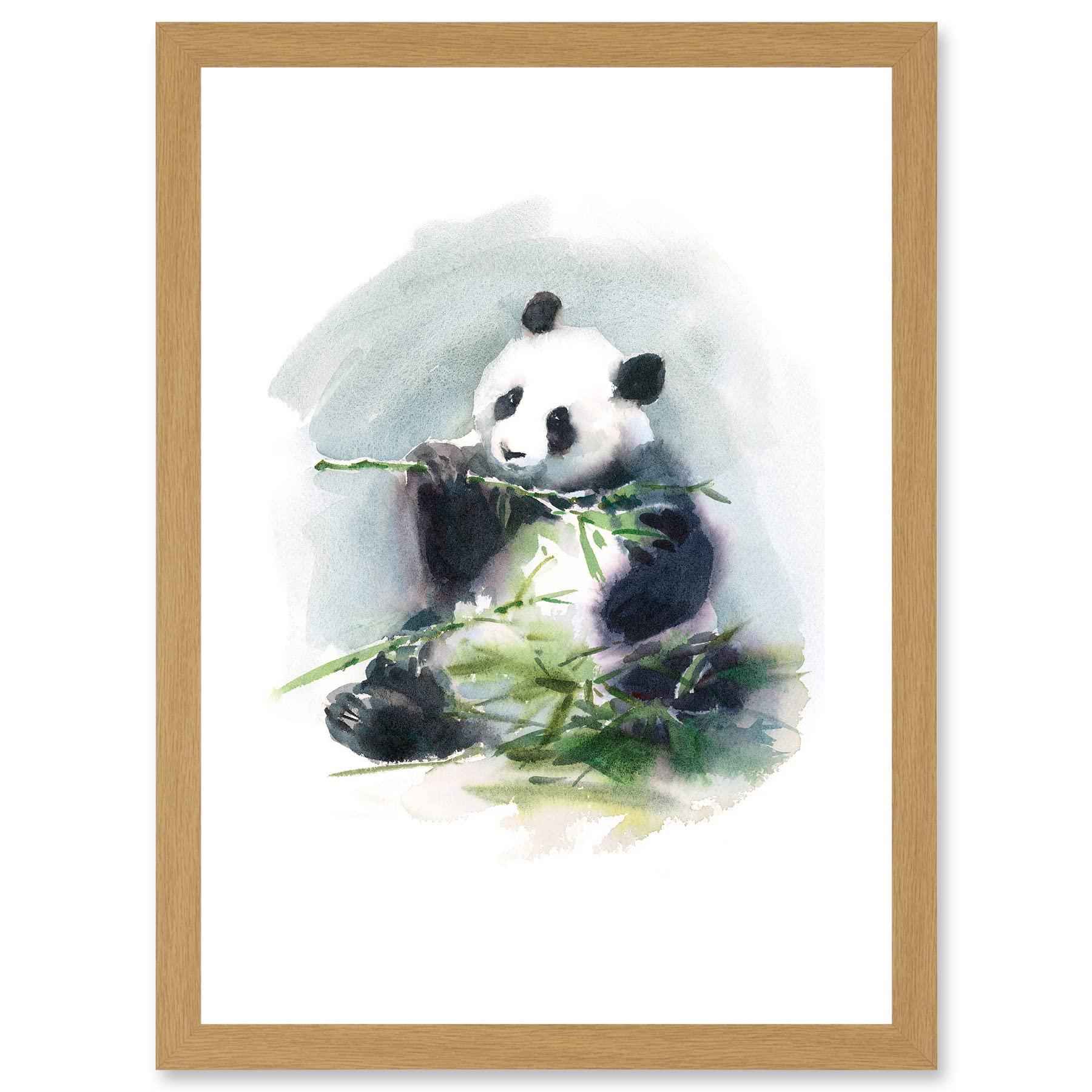 Wee Blue Coo Panda Eating Bamboo Watercolour Artwork Framed Wall Art Print A4