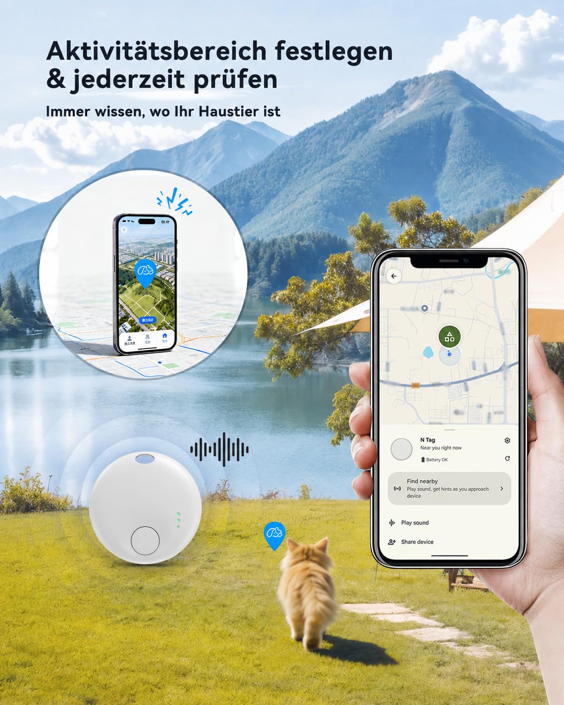 Hunde Tracker für Android, kompatibel mit Google „Mein Gerät Finden“, Bluetooth GPS Smart Tag ohne SIM-Karte & ohne ABO, Hundetracker mit IP67 wasserdichter Silikonhülle für Hundehalsband