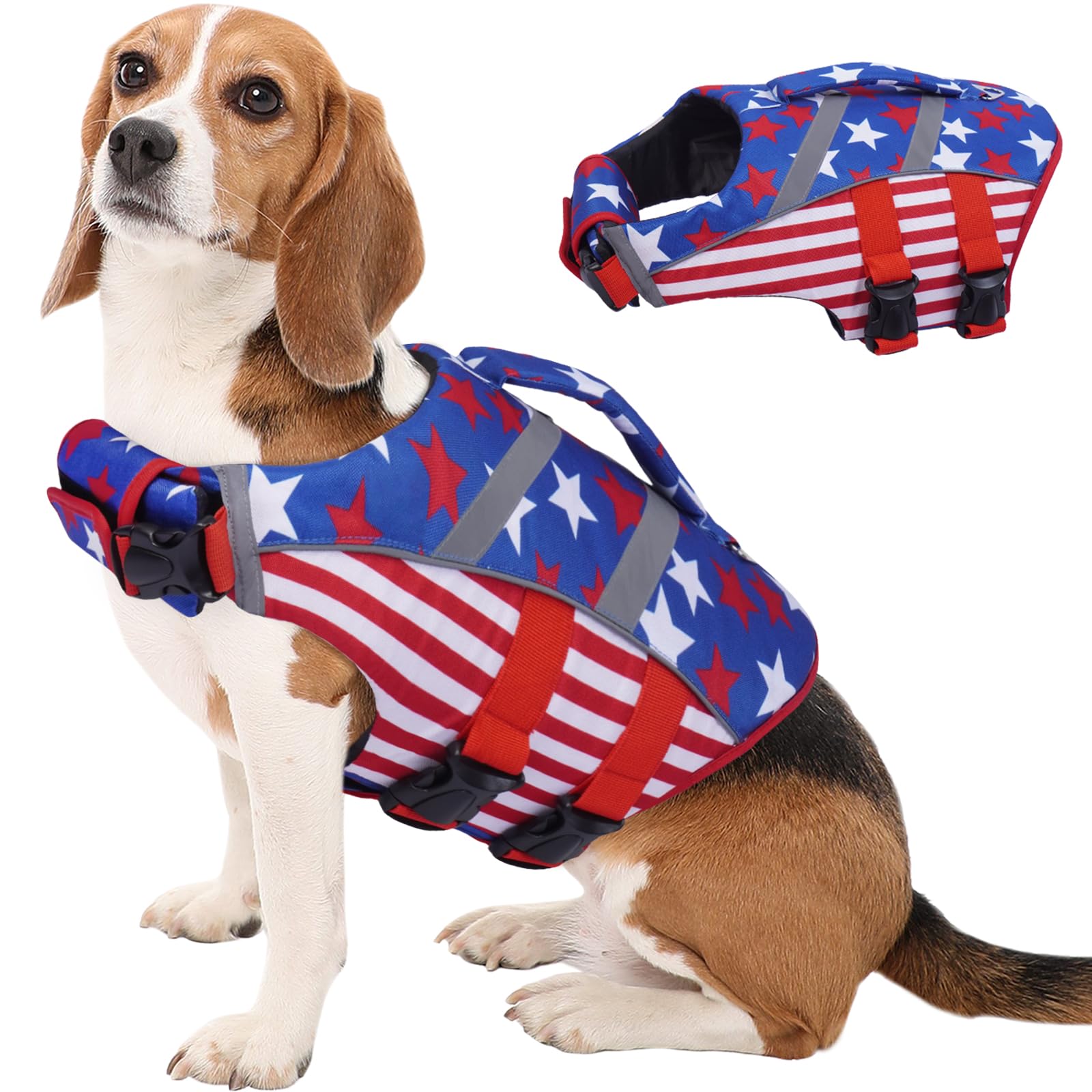 Kuoser Dog Life Jacket for Medium Dogs, American Flag Design, Red, White, Blue, Large, Reflective, Adjustable, Oxford, Nyl...