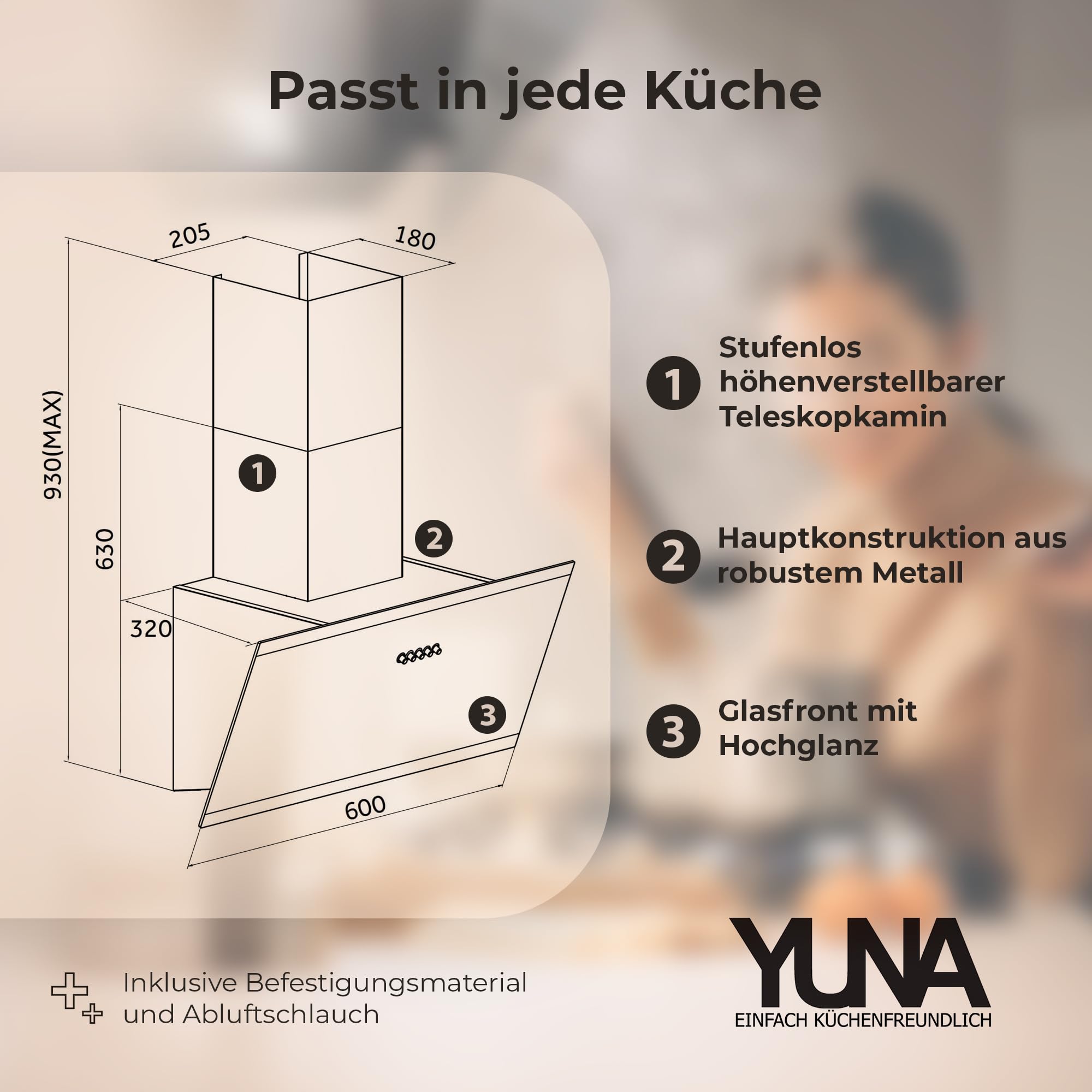 YUNA Dunstabzugshaube DULCIA 60 cm Schwarz Glasfront 3 Leistungsstufen 47W Motorleistung Energieeffizienz A Abluft Umluft Kopffrei LED Beleuchtung Ohne Kohlefilter Wandhaube