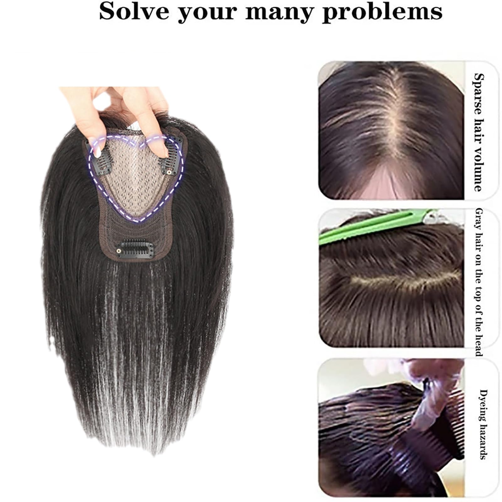 Damen 10 Zoll Top-Haarteile Topper Aus 100% Echthaar, Seidenbasis-Clip-in-Top-Wiglets-Haarverlängerungen for Leichten Haarausfall/Dünner Werdendes Haar/Graues Haar (Color : Black)