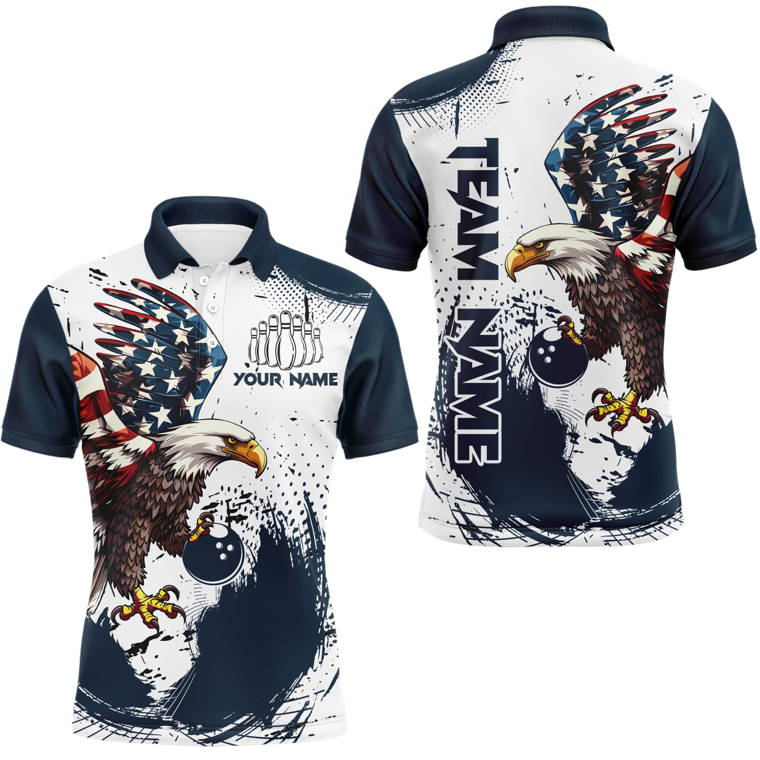 PIONAMZIOZ Custom Eagle Bowling Team Shirts US Flag Bowling Jersey Patriotic Polo & Quarter Zip Bowling Unisex (US, Alpha, Small, 5X-Large, Regular, Regular, Men Polo)