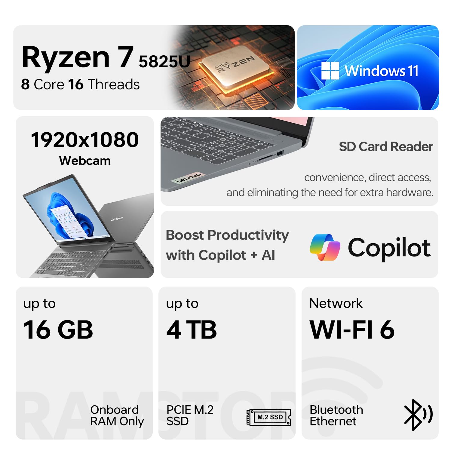 Lenovo IdeaPad Slim 3 Business Laptop, 15,6" FHD, AMD Ryzen 7 5825U, 16GB RAM integrata, 512GB SSD, Wi-Fi 6, webcam, retroilluminato, W11 Pro, Copilot & AI Productivity, Bundle con PCO Laptop Cooler