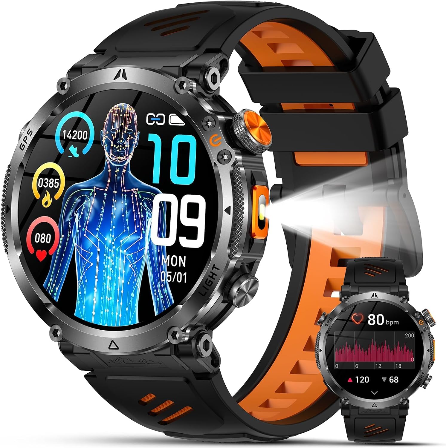 YUPENG Reloj Inteligente Hombre Militar, GPS/Brújula /850mAh Batería | 1.7" Impermeable Smartwatch con Chat-GPT Linterna Frecuencia Cardíaca, Sueño Salud,Función telefónica Pulsómetro,iOS/Android