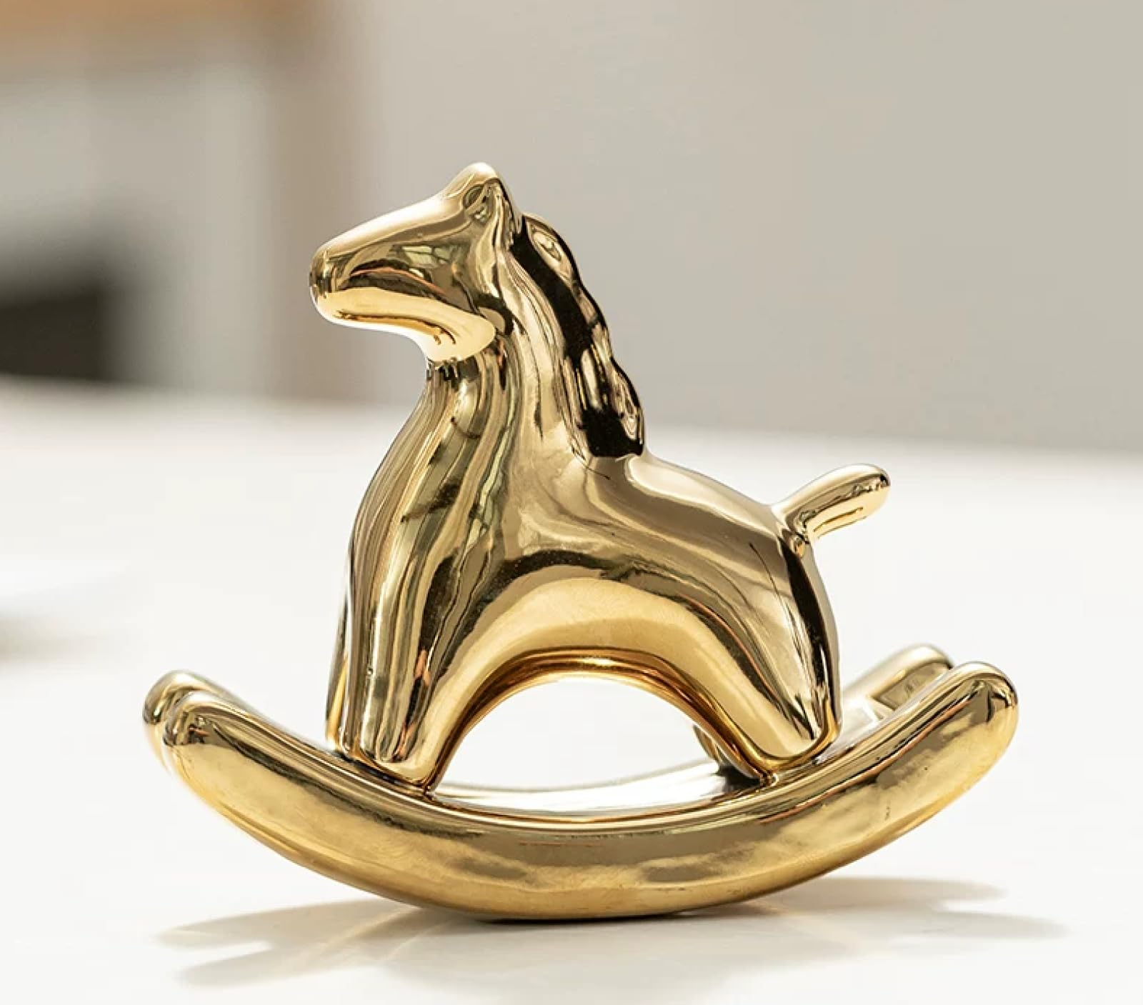 DECRZPB Handcrafted Ceramic Golden rocking horse Sculpture Animal Ornament Hotel Home Decor Office Wedding Gift