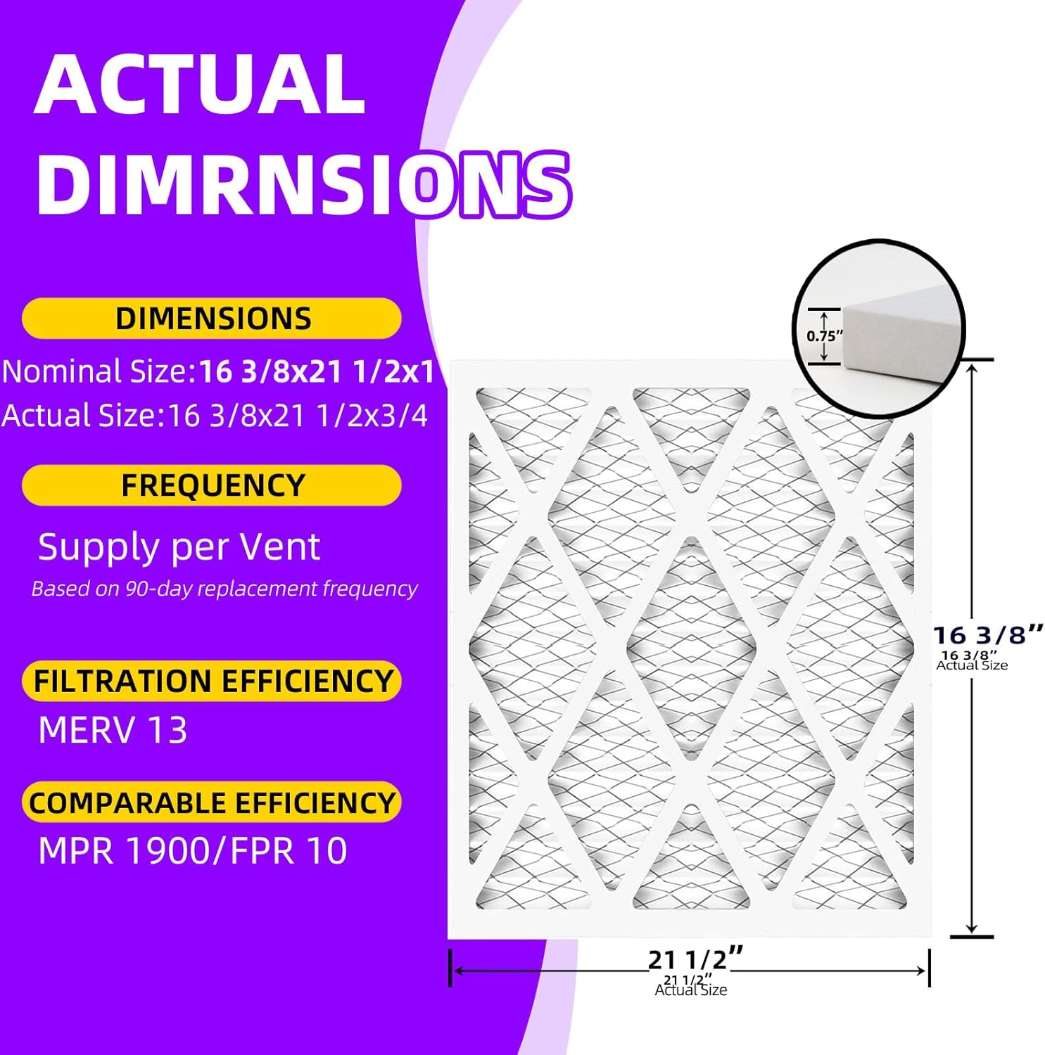 16 3/8x21 1/2x1 air filter (6-Pack) Pleated Air Filter (Actual Size: 16 3/8"x21 1/2"x3/4") MPR 1900 & FPR 10, Furnace Air Filters