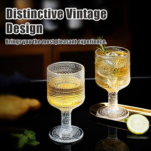 Miniatura 4 de Juego de 6 copas de vino vintage, copas de agua de vidrio en relieve transparente de 8 onzas, copas de cóctel con tallos, vasos de whisky, vasos de