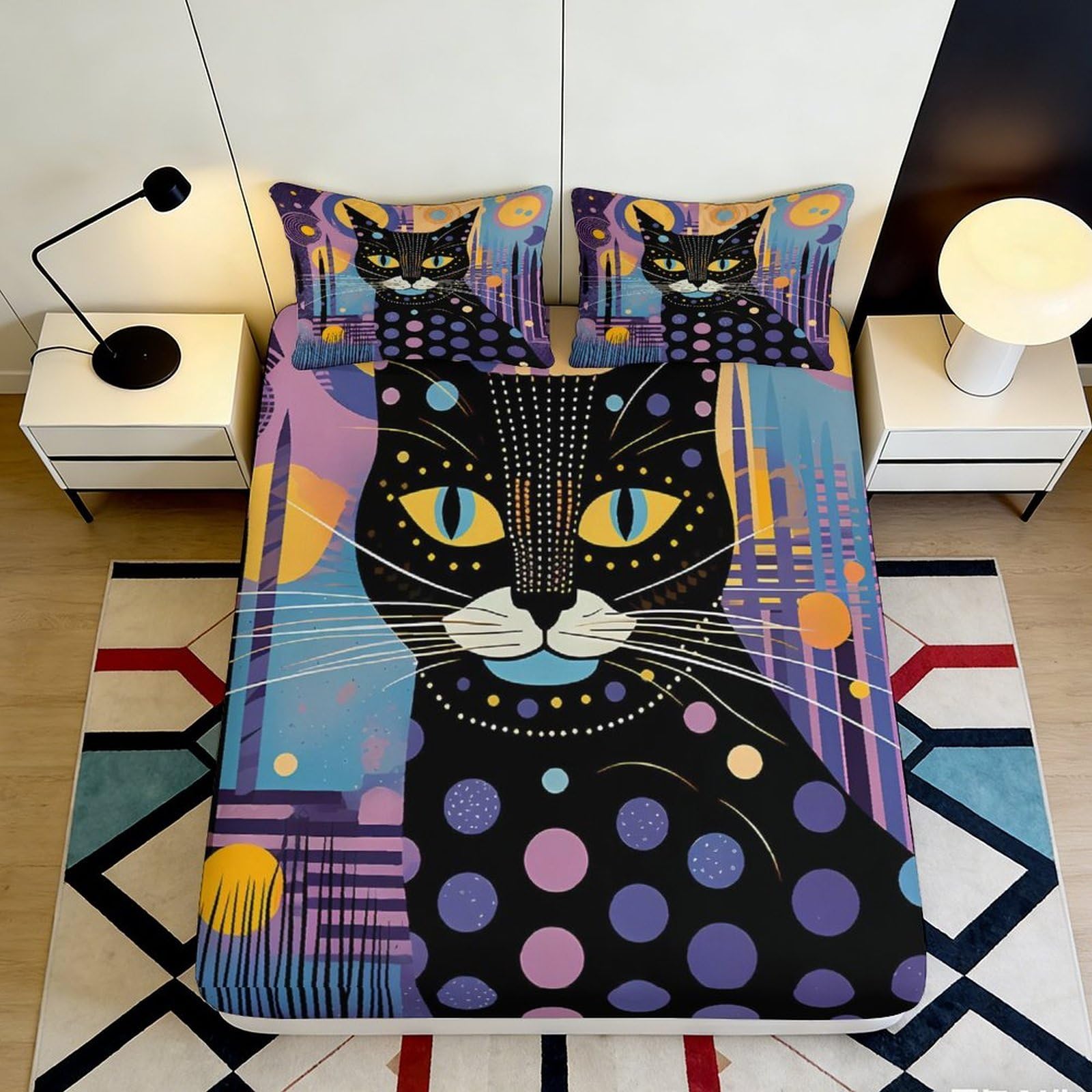 3D Printed Black Cat Fitted Sheet Microfiber Bedroom Decor Abstract Art Bed Cover for Home Guest Room Dorm 90x200x25cm