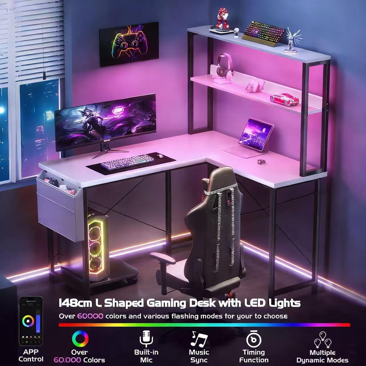 Gaming Schreibtisch L Form, Computertisch 110 x 80 x 148 cm mit LED-Beleuchtung, Seitentaschen, Eckschreibtisch mit Pc Ständer, für Büro und Zuhause, Weiß