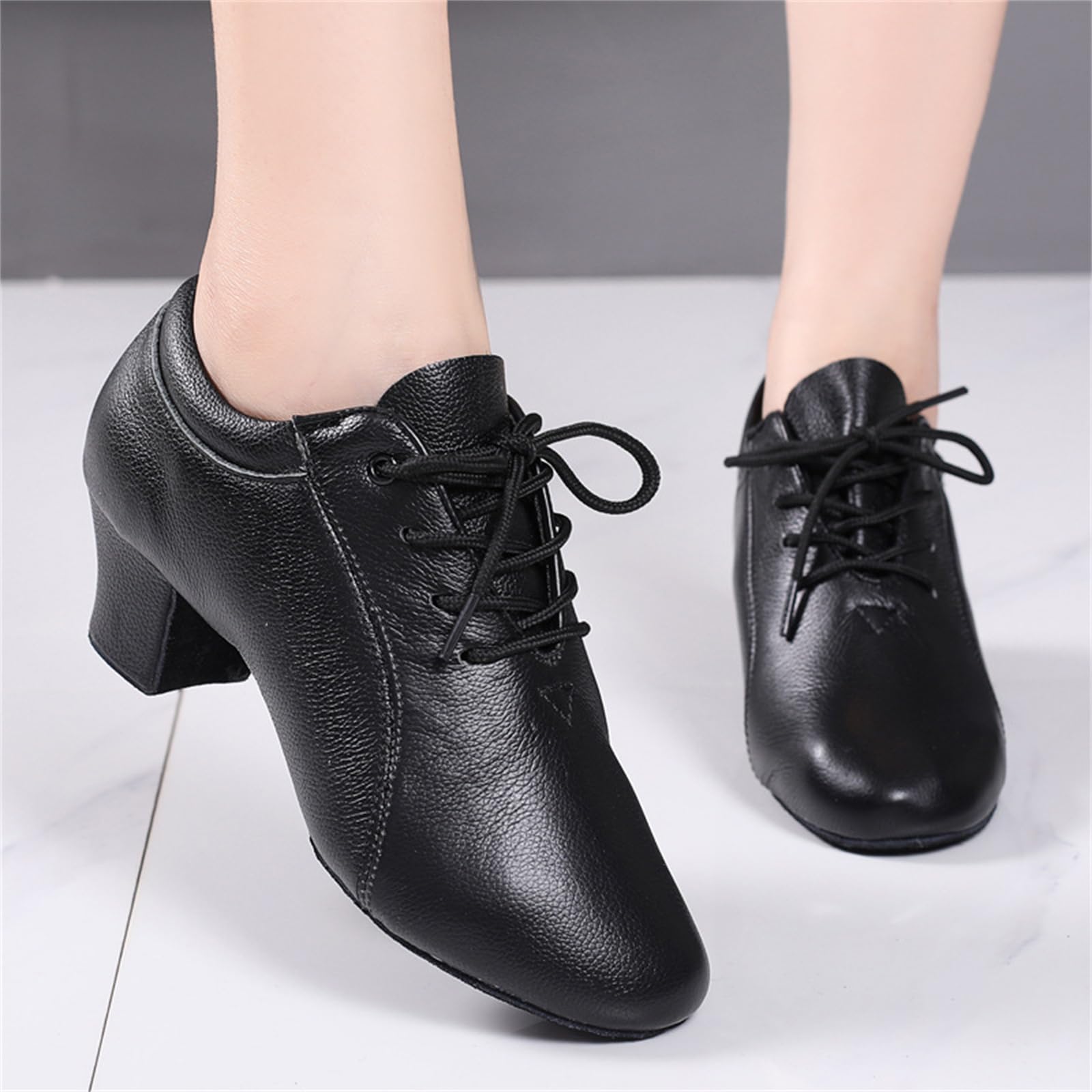 Buty do tańca latynoamerykańskiego damskie skórzane z dzieloną podeszwą do tańca towarzyskiego jazzu tanga nowoczesnego na grubym niskim obcasie sznurowane