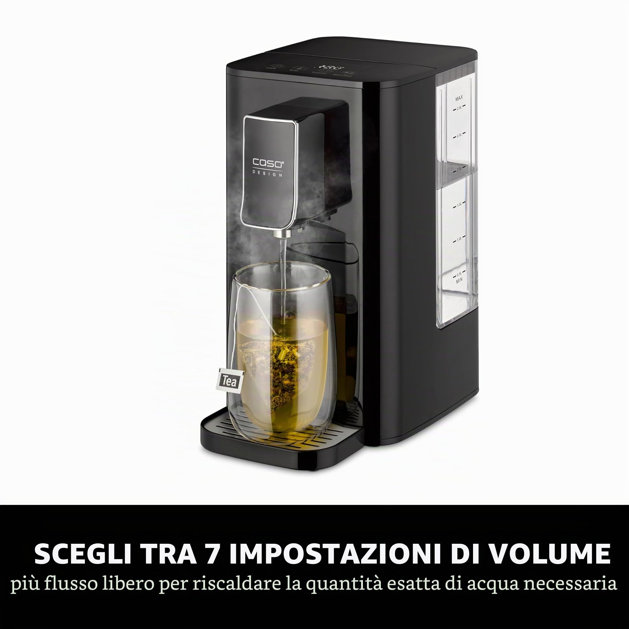 CASO HW 550 - Dispenser di acqua calda turbo per la preparazione di tè, caffè solubile, alimenti per bambini, serbatoio acqua 2,9 l, 7 livelli di temperatura regolabili da 40 a 100 °C in incrementi di