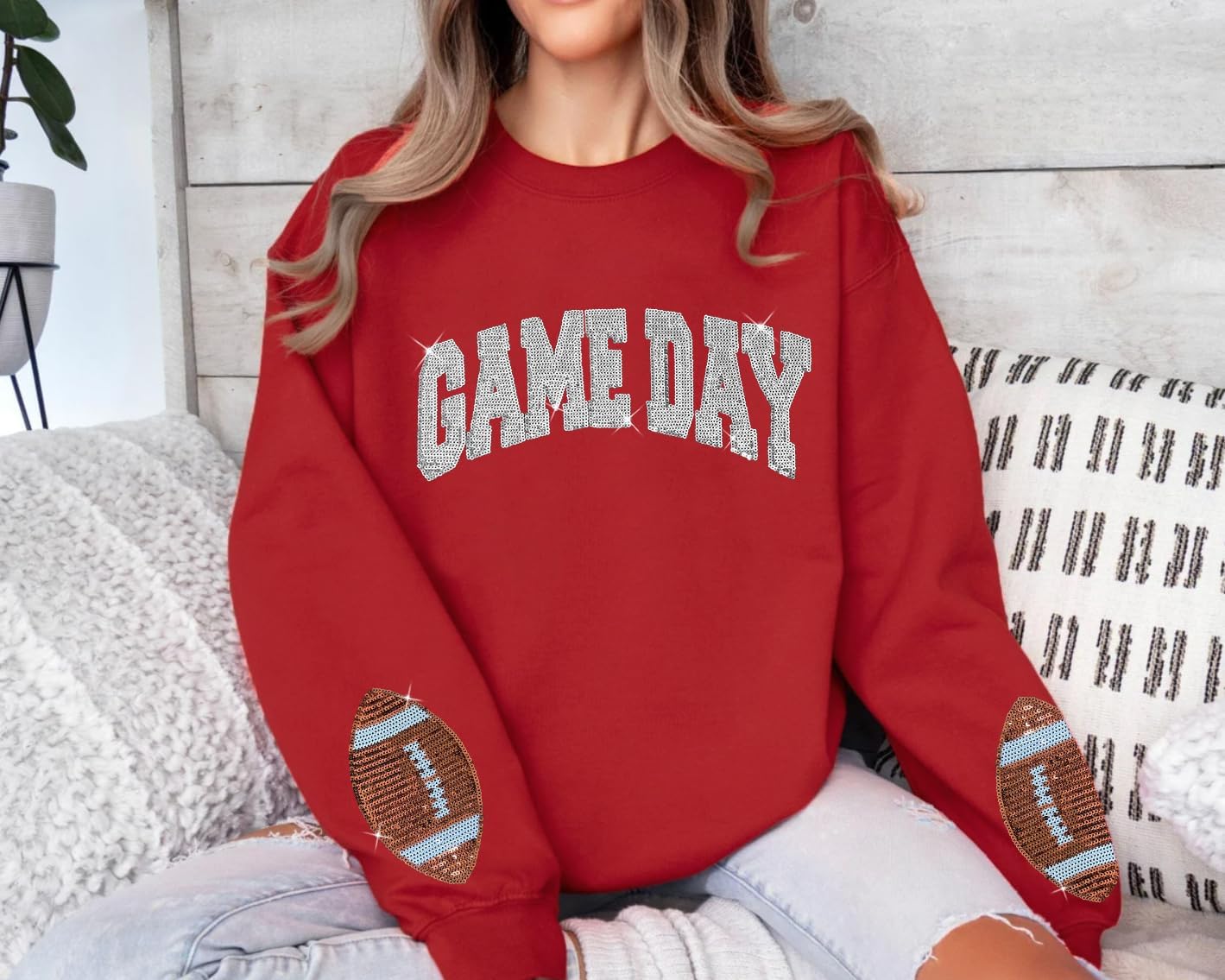 Game Day Sweatshirt for Women Sequin Football Long Sleeve Shirt Crew Neck Sunday Funday Pullover Tops - Image 3