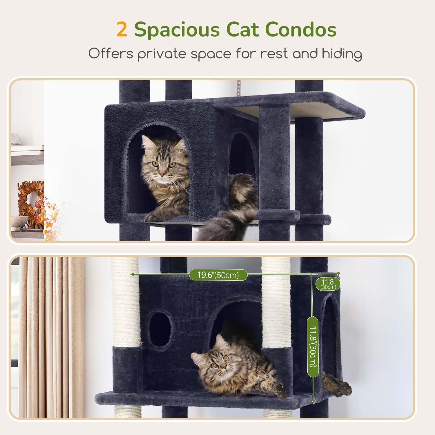 Globlazer Cat Tree for Indoor Cats Large Adult, 74in Tall Cat Tower with Scratching Post, Heavy Duty Cat Tree Tower with 2 Spacious Caves, Oversized Top Perch, Big Hanging Basket, F74B, Dark Grey