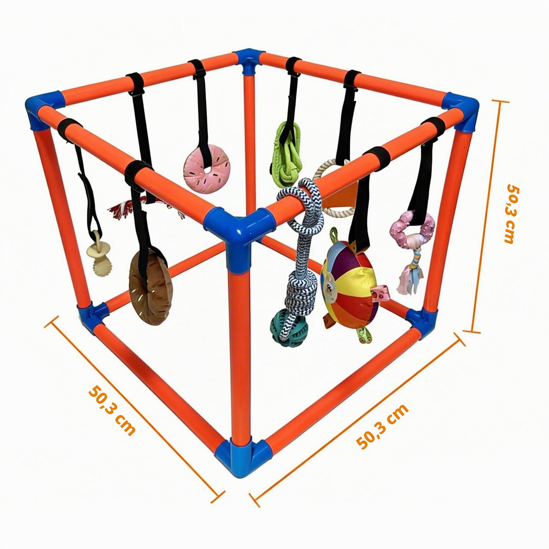 Welpenspielstudio für kleine Hunde mit 9 Hängenden Spielzeugen,Abnehmbarer Interaktiver Bereicherung Katze Puppy Play Gym Cat Indoor Dschungel Spielplatz,PVC-Rahmen mit Bungee-Gurten und Kauspielzeug