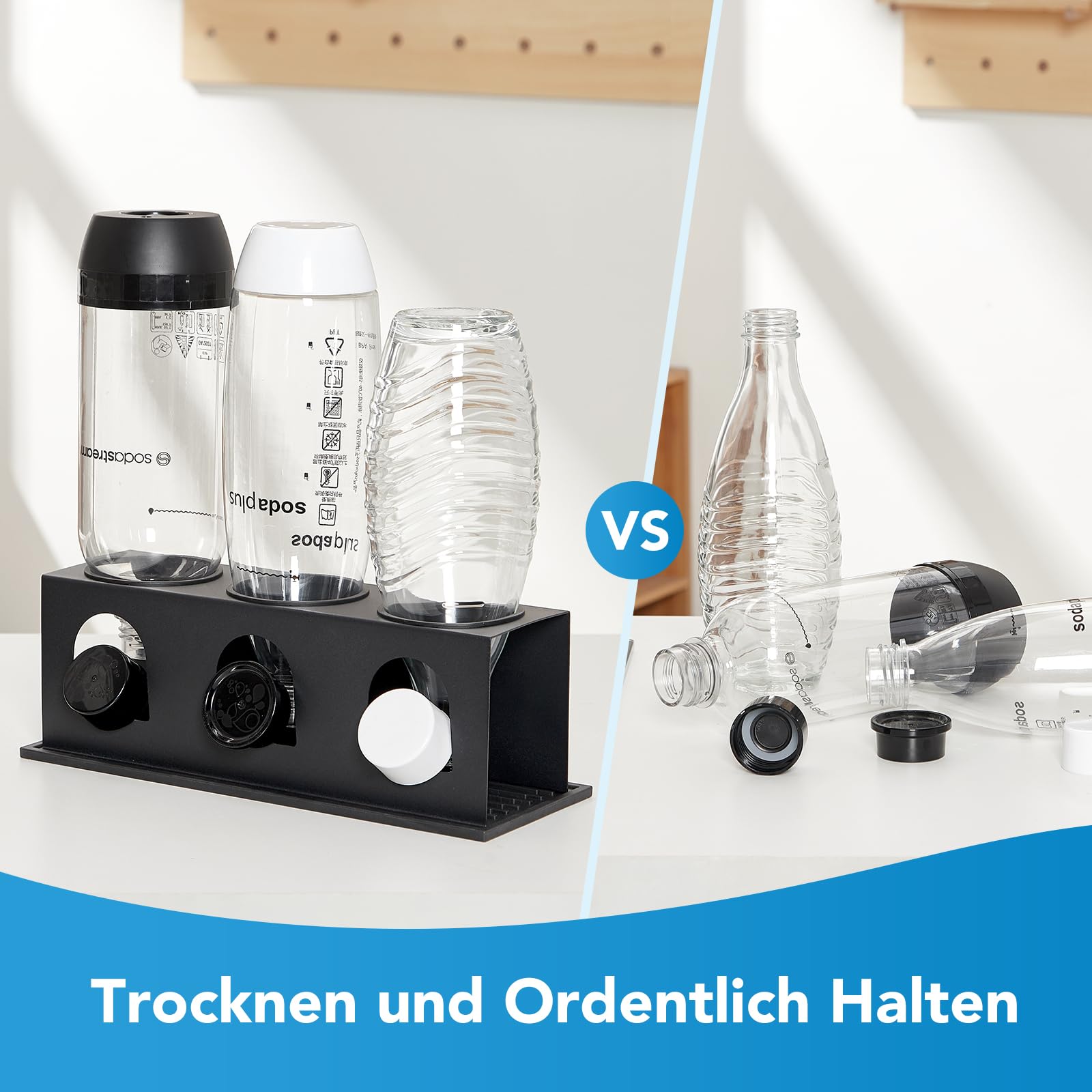 ACTIV Cuisine Flaschenhalter für Sodastream Duo Crystal Flaschen, 3er Edelstahl Abtropfhalter Abtropfgestell platzsparend, Breite 11cm, mit Abtropfmatte, Deckelhalter, Flaschenbürste, Schwarz