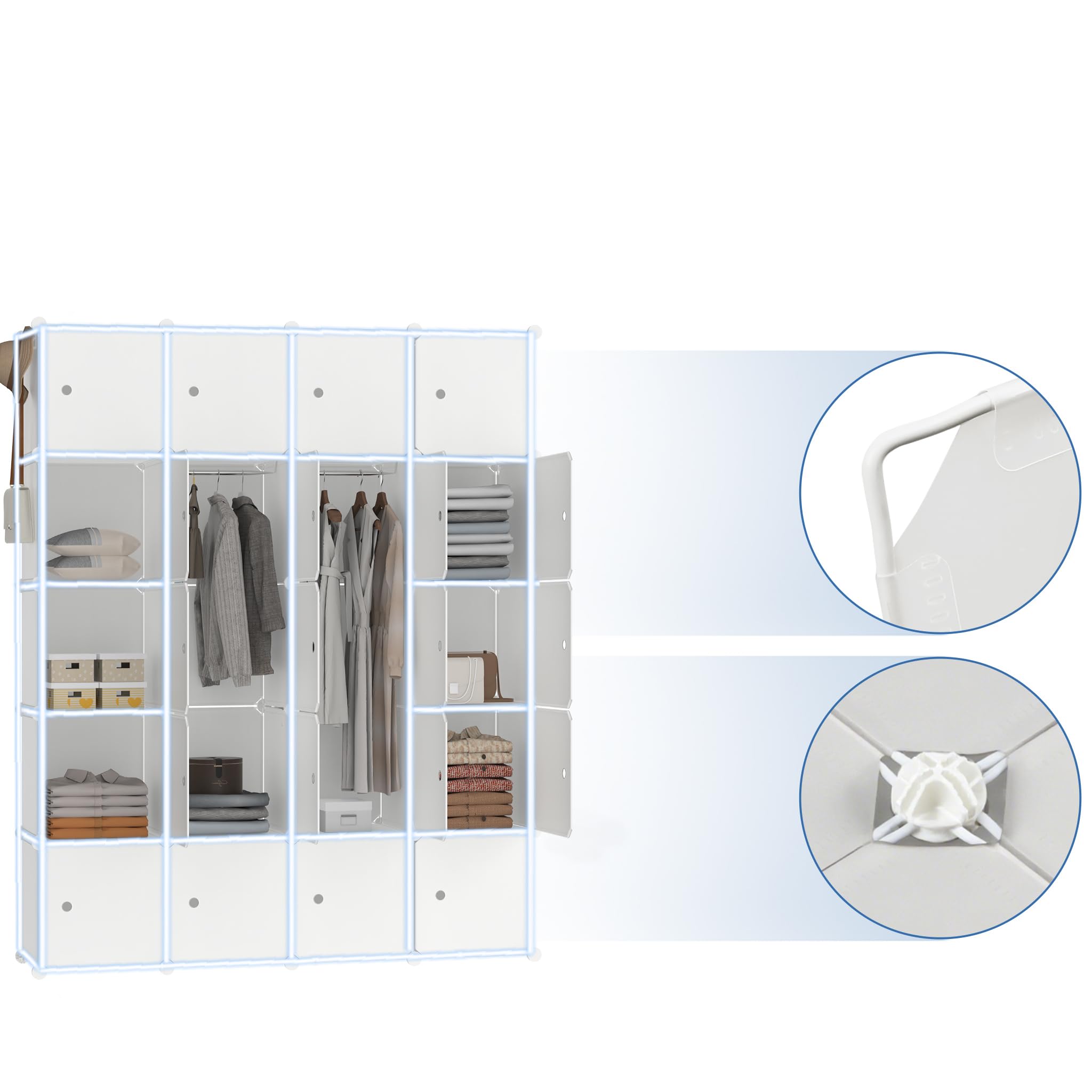 20 Boxen DIY Regalsystem Kleiderschrank Milchig mit Türen Steckregal Garderobenschrank aus Kunststoff PP Modular Aufbewahrung für Kleidung, Schuhe, Bücher, mit 2 Kleiderstange