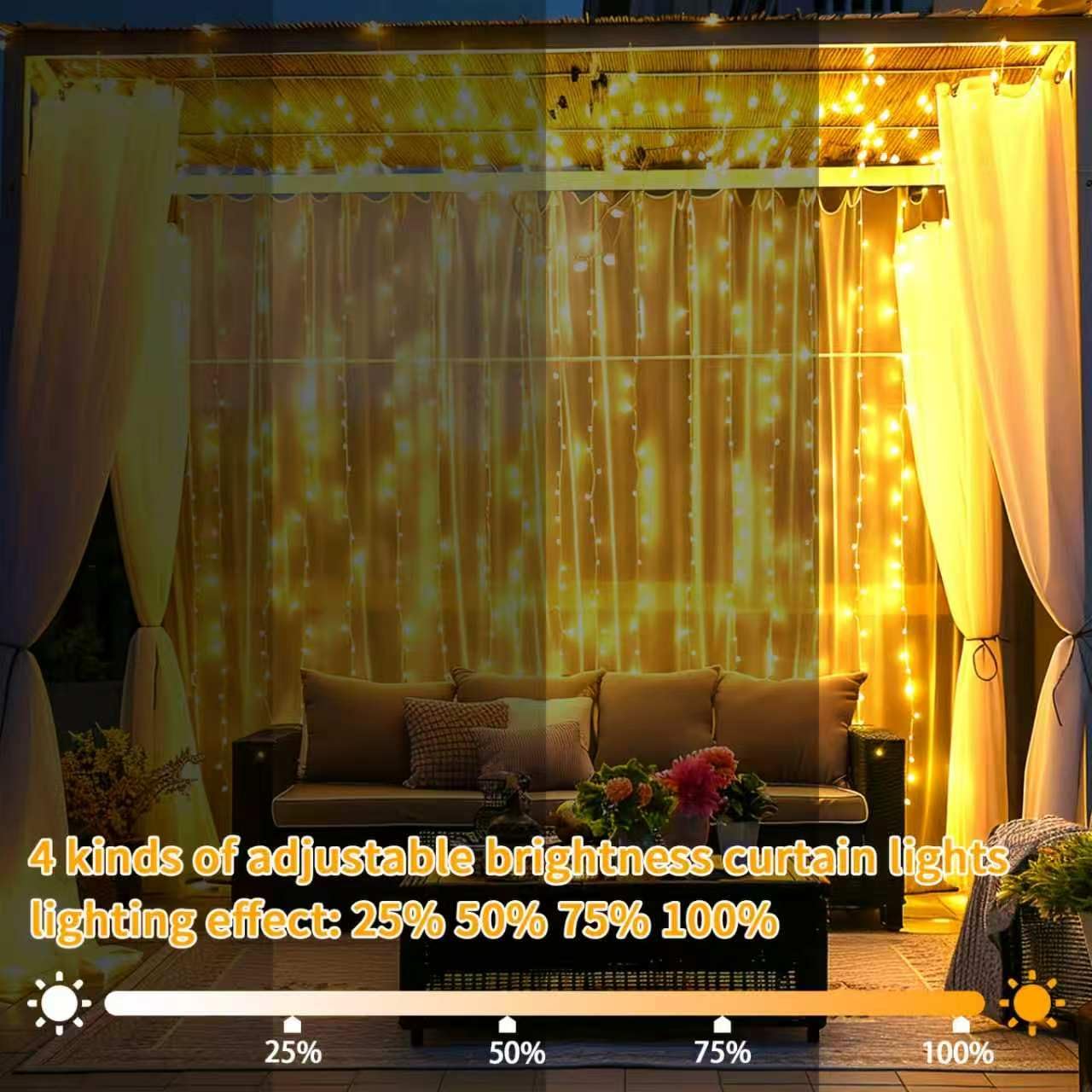 Solar Vorhanglichter 6×3m mit 600 LEDs, 8 Lichtmodi wasserdichte Solar Wasserfall Lichterkette mit Fernbedienung & Timer, Außendeko für Balkon, Pavillon und Hochzeiten