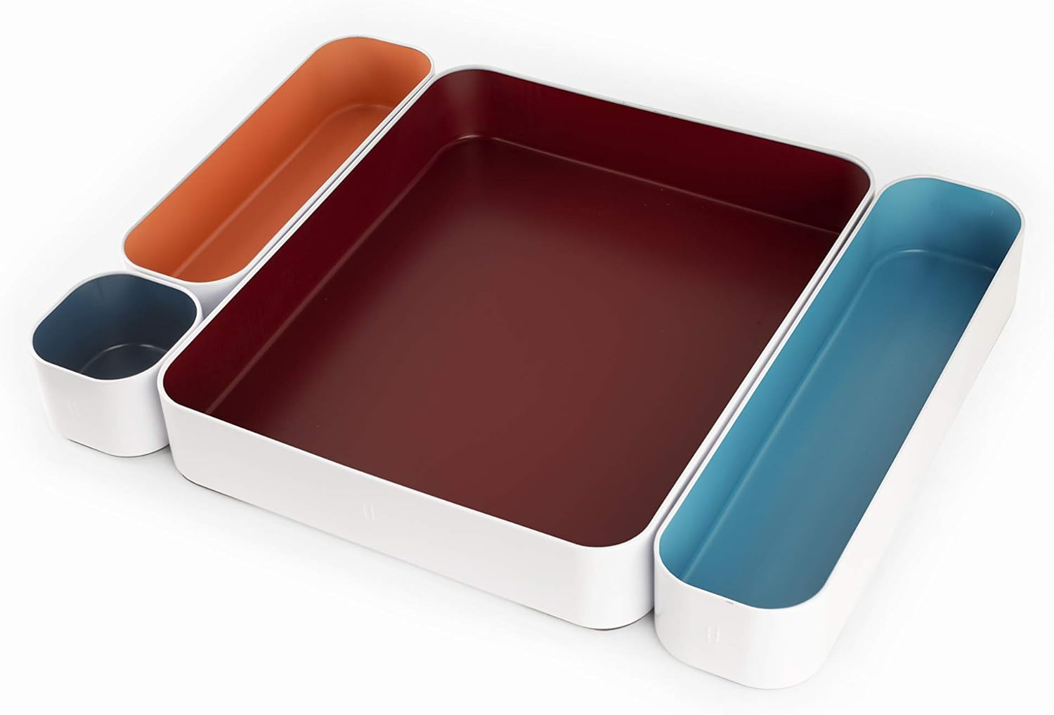 Three by Three Seattle 4 Piece Metal Organizer Tray Set for Storing Makeup, Stationary, Utensils, in Office Desk, Kitchen and Bathroom Drawers (2 Inch, Berry, Sunset, Blue, Stripes)