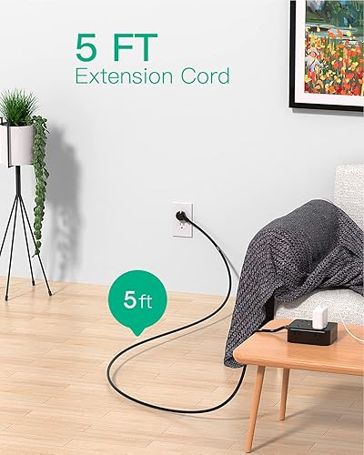 Vista 7 de Regleta protectora contra sobretensiones, enchufe plano, montaje en pared, 8 tomas anchas con 4 puertos USB (2 USB C), cable de extensión resistente