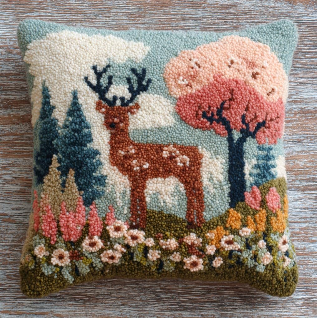 AxiangziK Latch Hook Pillow Making Kit 43x43cm,Deer and Flowers