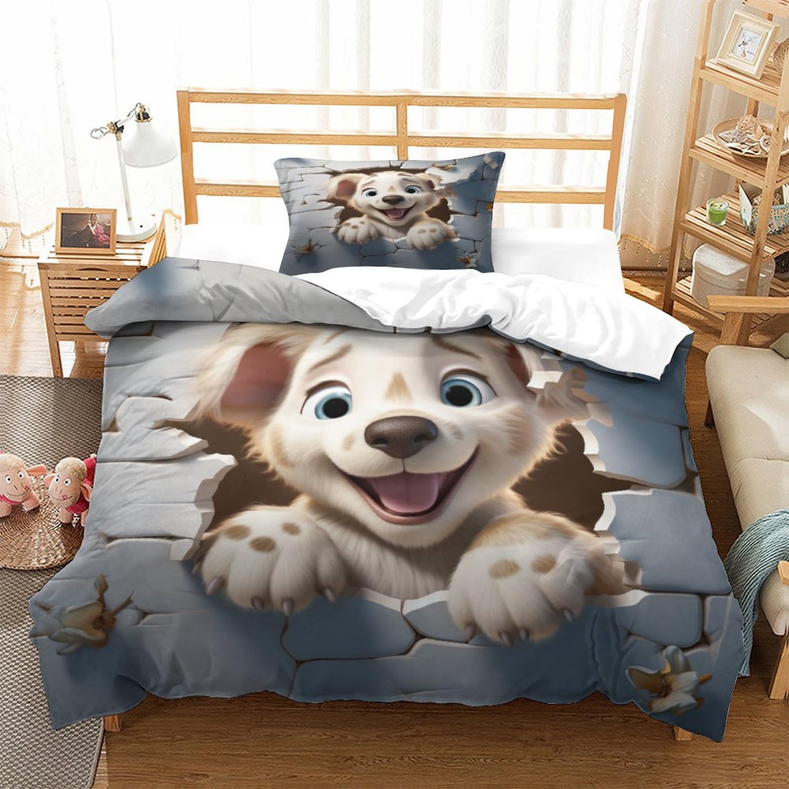 P1S9U7W5Y Playful Cartoon Puppy 3D Printed Duvet Cover Set 3 Pieces Microfiber Bedding for Adults Teens Cute Dog Bedroom Décor Gift Single（135x200cm）
