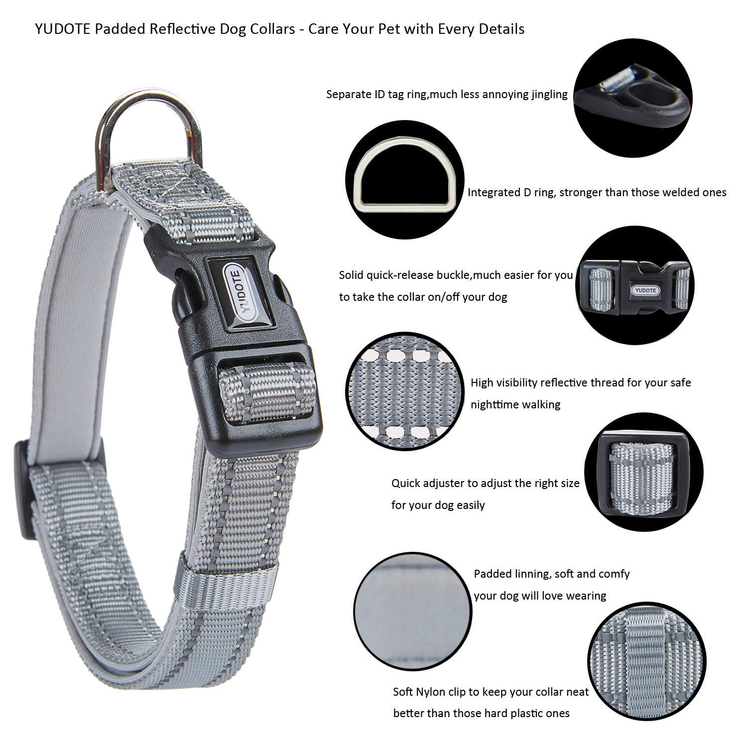YUDOTE Collare per cani medio e resistente tessuto in nylon riflettente con fodera imbottita in neoprene morbido e confortevole per cani di medio Uso quotidiano,Grigio