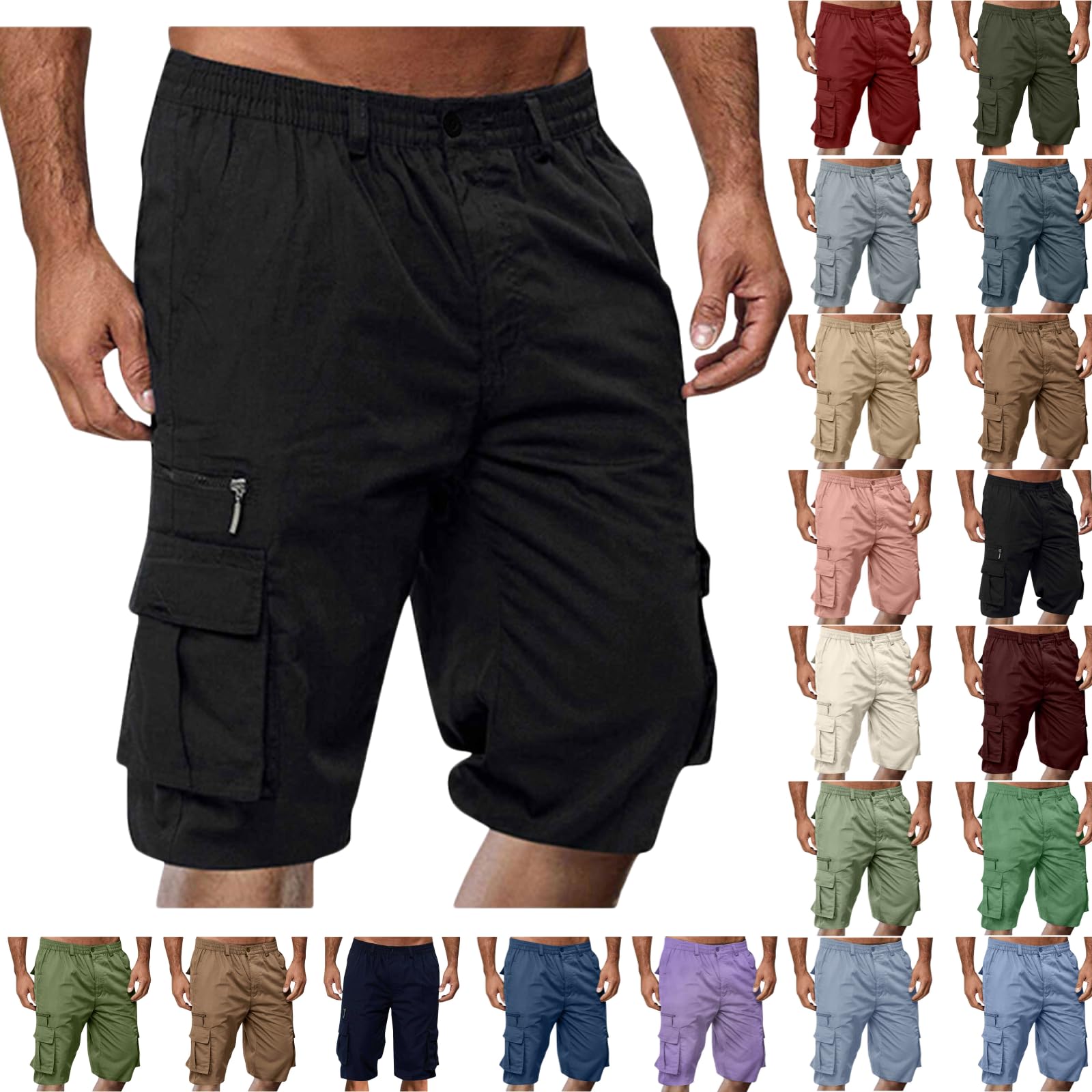 Cargo Shorts for Men,Summer Casual Elastic Waist Big Tall Baggy Shorts Lightweight Hiking Short with Multi Pockets