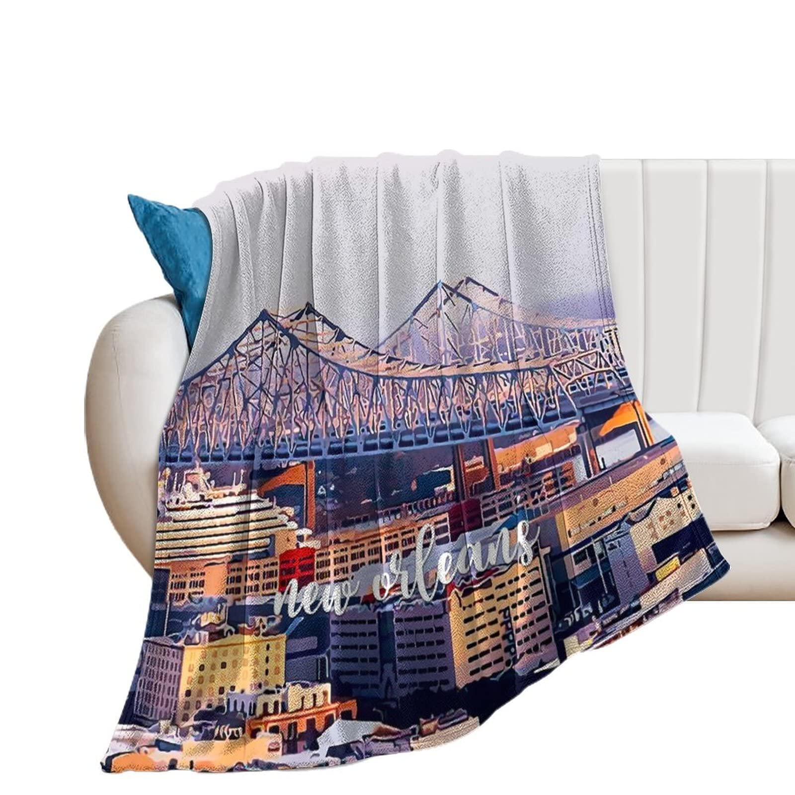 Couverture en flanelle chaude et duveteuse 177x203cm, grand plaid paysage ville pour lit