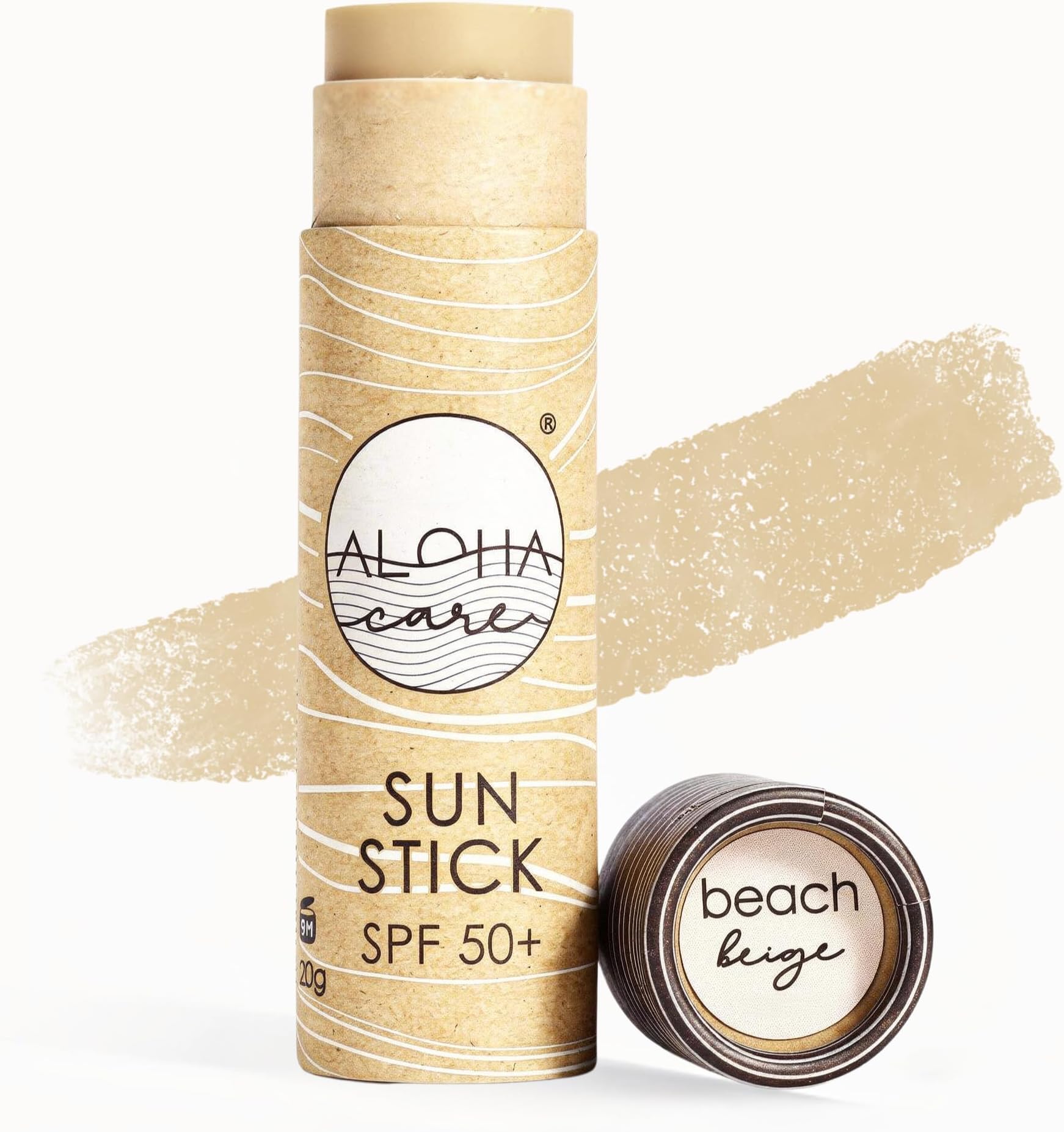 Aloha Plastic-Free Surf Sunblock · Mineral Tinted Sunscreen Stick for Face SPF 50+ · Water-resistant & Reef Safe · 20g (Light Beige)