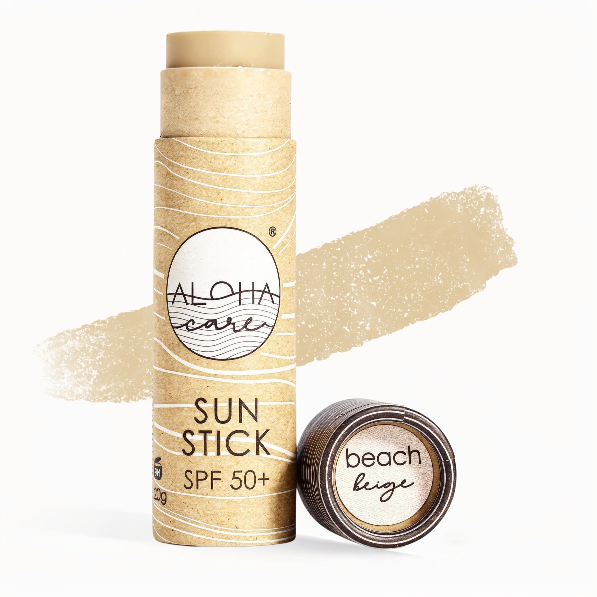Aloha Plastic-Free Surf Sunblock · Mineral Tinted Sunscreen Stick for Face SPF 50+ · Water-resistant & Reef Safe · 20g (Light Beige)