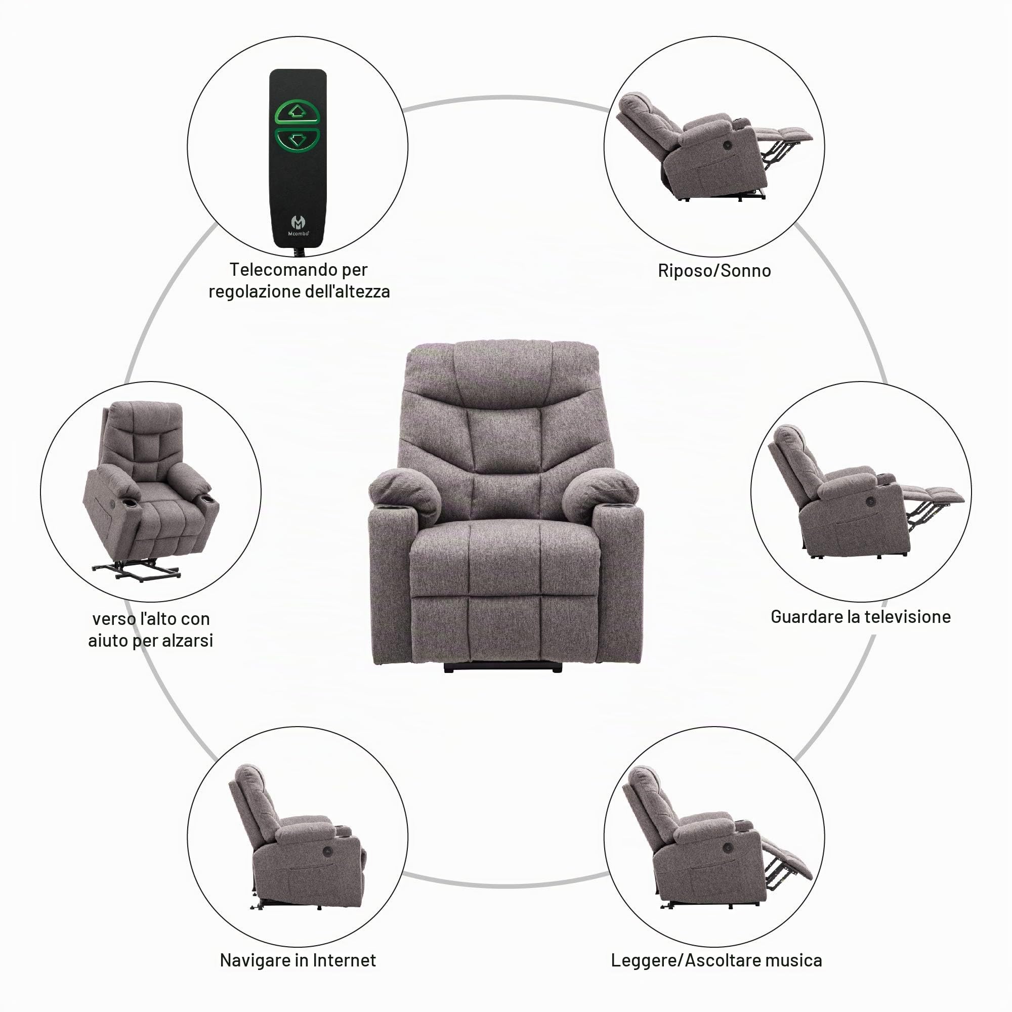 MCombo 7286DE - Poltrona relax elettrica con ingressi 2 USB, tessuto grigio scuro