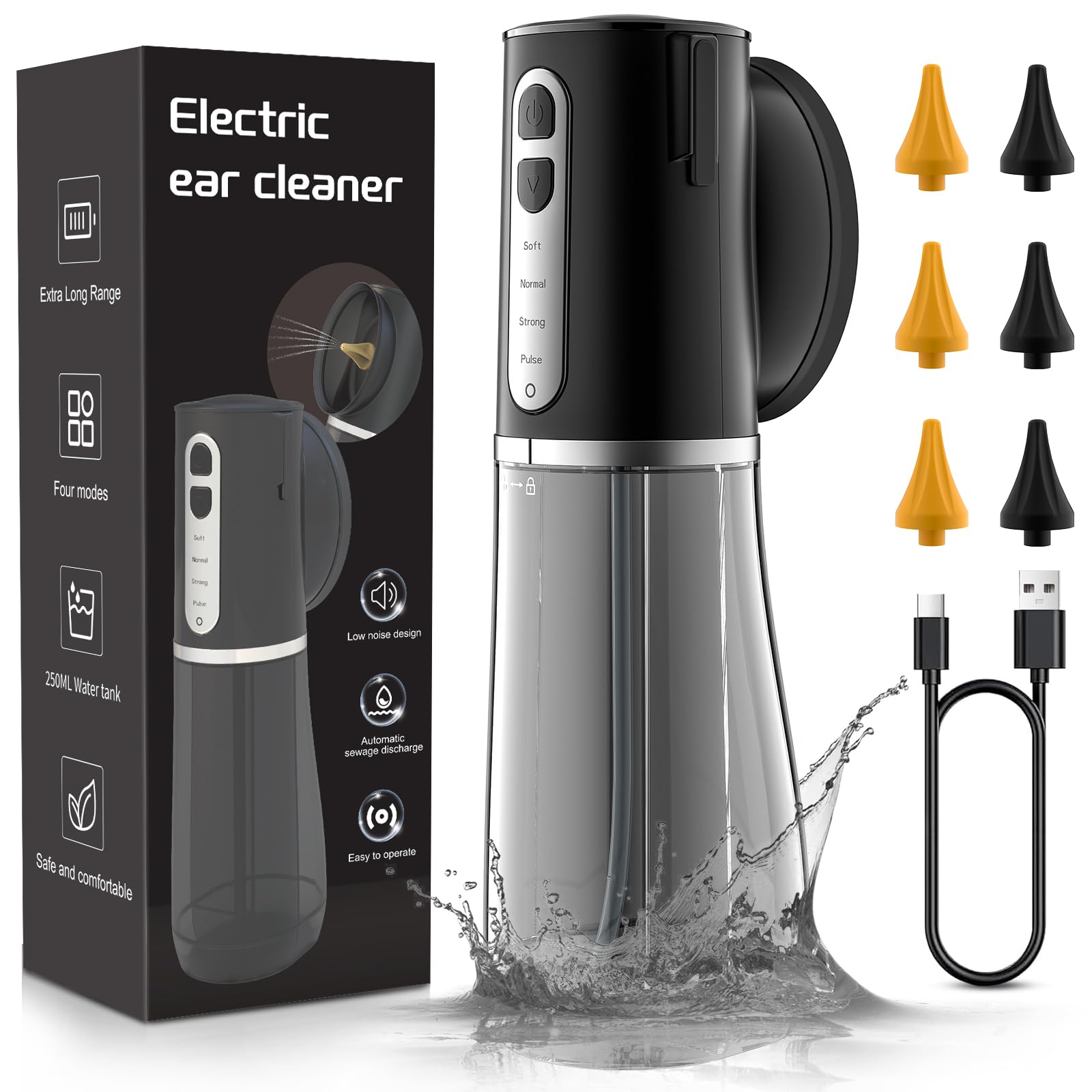 Ohrenschmalz Entferner, Elektrischer Ohrenreiniger mit 4 Druckmodi, IPX7 Wasserdicht Ohrenspülung, 6-Düsen Ohrendusche, Ohrreiniger für Erwachsene Kinde, Schwarz