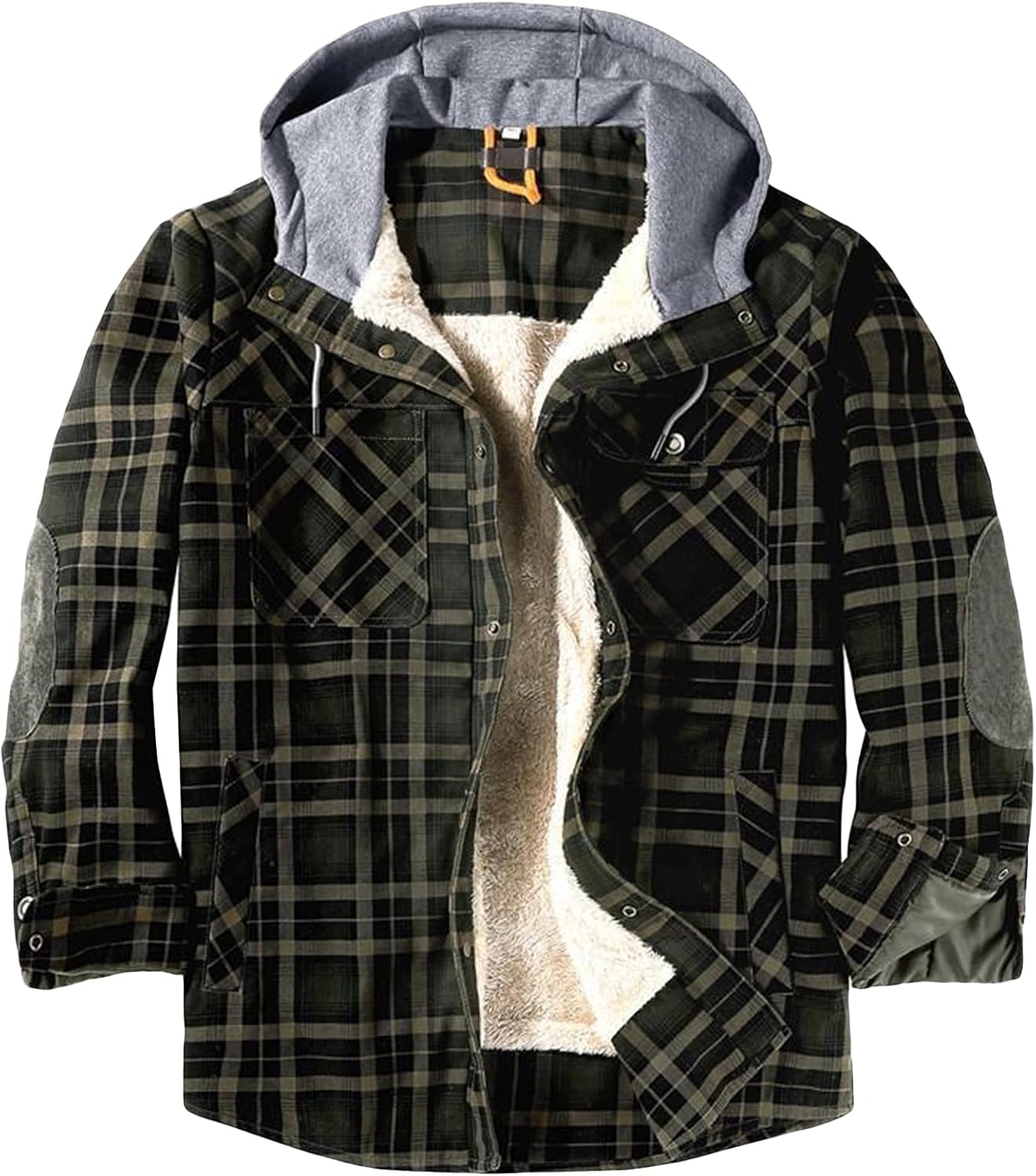 JEShifangjiusu Men'S Casual Button-Down Shirts Cotton Plaid Shirts Jacket Fleece Lined Flannel Shirts Sherpa With Hood