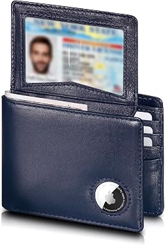 AirTag Wallet - Top Grain Leather Bifold Mens Wallet with AirTag Holder, RFID Blocking Wallet for Men with 2 ID Window 12 Card Holders and Gift Box - Blue